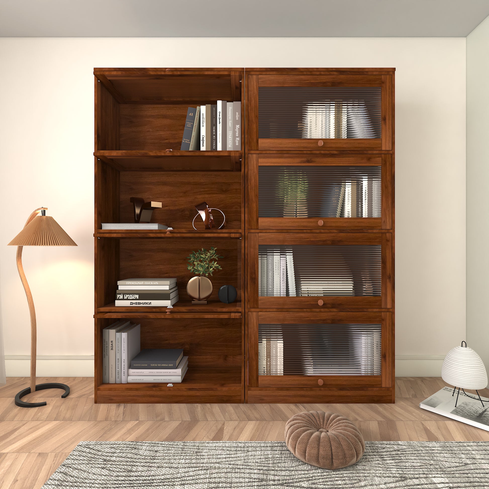 Bookcase Contemporary Closed Back Glass Doors Office Storage Cabinet Floor To Ceiling Low Cabinet Bookcase Against Wall Dustproof Bookshelf Walnut Brown Mdf