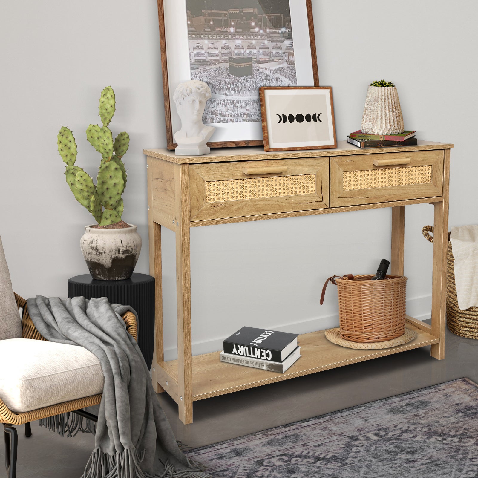 Console Table With 2 Drawers, Sofa Table, Entryway Table With Open Storage Shelf, Narrow Accent Table With Rattan Design For Living Room Entryway Hallway, Natural Color Natural Particle Board