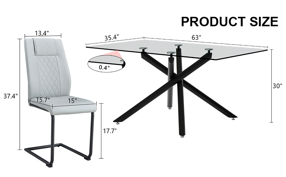 Table And Chair Set.Modern Rectangular Glass Dining Table With 0.39" Tempered Glass Tabletop And Black Metal Legs.Paired With Multiple Chairs Designed With Pu Cushions And Black Metal Legs. Black Grey Seats 4 Tempered Glass