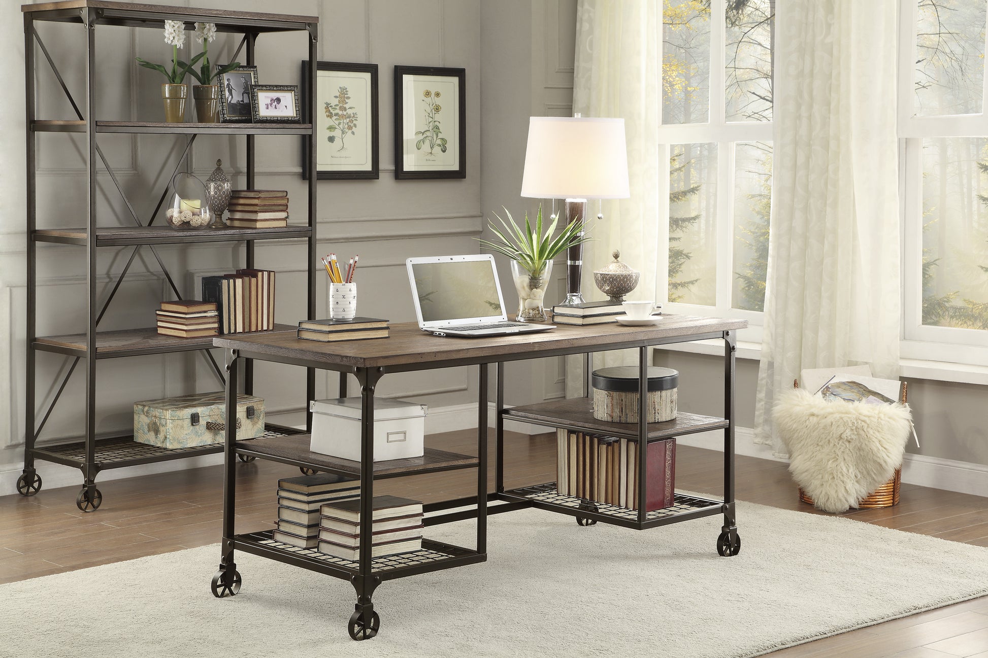 Modern Traditional Aesthetic 1Pc Writing Desk With 4X Shelves Metal Casters Natural Finish And Rustic Black Metal Finish Black,Natural Primary Living Space Shelves Rectangular Engineered Wood,Metal