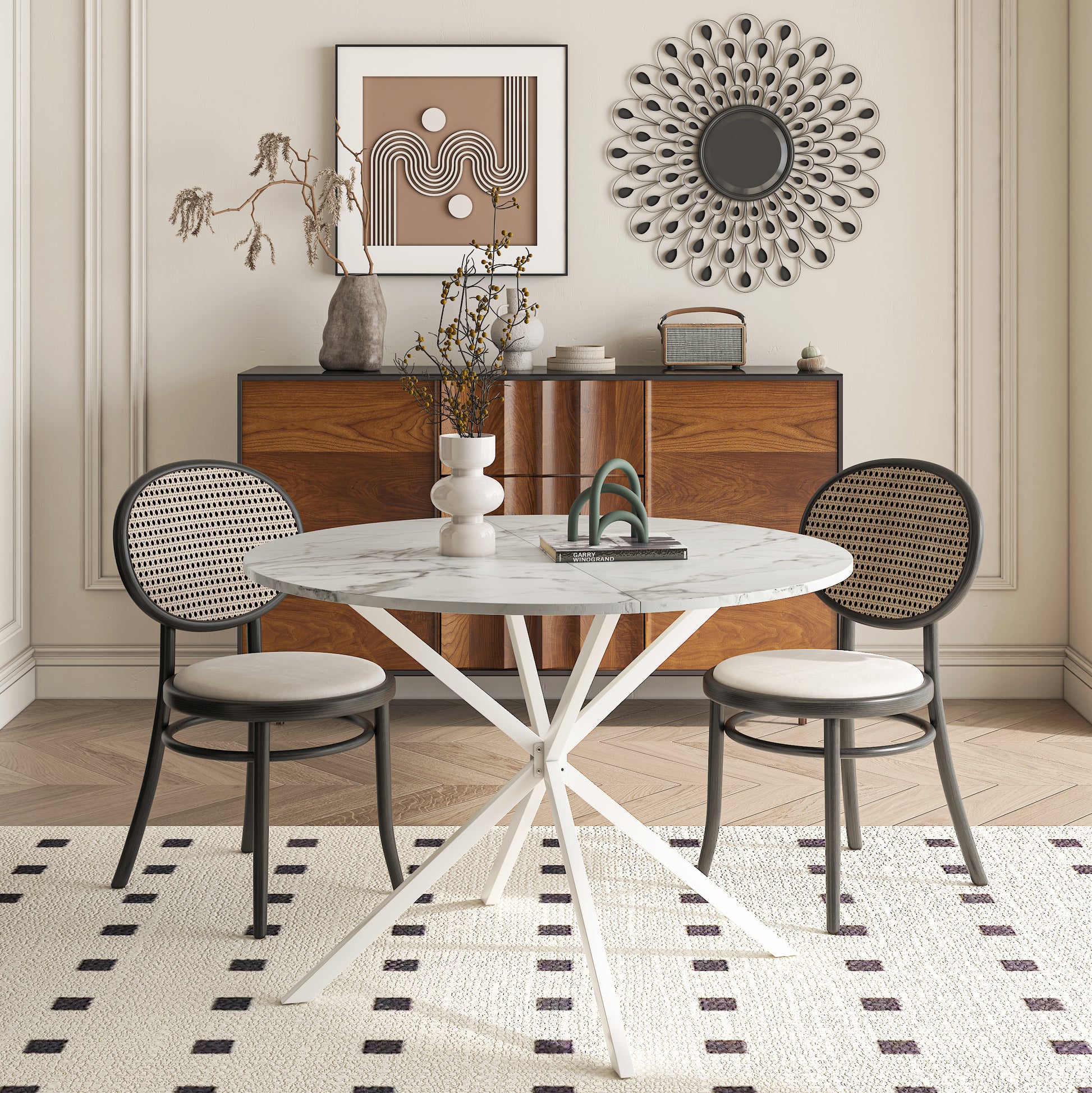 42.13'' Modern Cross Leg Round Dining Table, White Marble Top Occasional Table, Two Piece Removable Top, Matte Finish Iron Legs White Mdf Metal