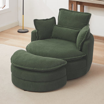 38"W Oversized Swivel Chair With Moon Storage Ottoman For Living Room, Modern Accent Round Loveseat Circle Swivel Barrel Chairs For Bedroom Cuddle Sofa Chair Lounger Armchair, 4 Pillows,Corduroy Green Foam Corduroy 1 Seat
