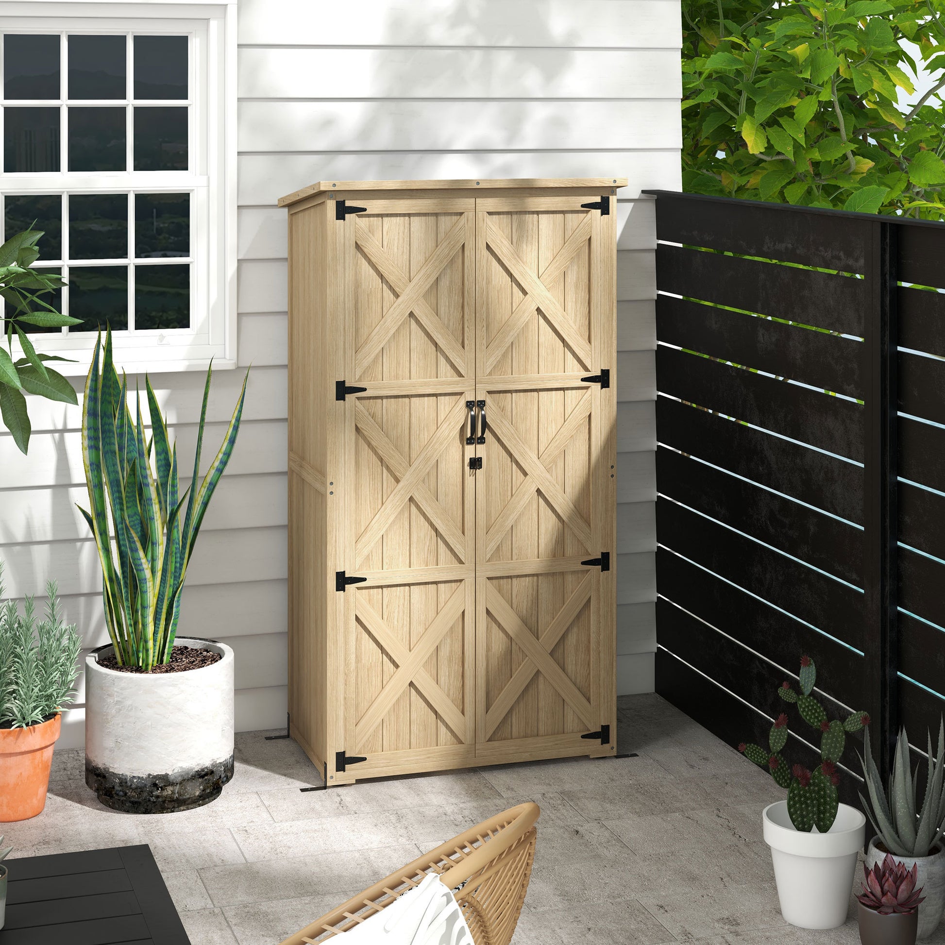 Outsunny Wooden Garden Shed, Outdoor Storage Cabinet With Waterproof Asphalt Roof, Narrow Tool Shed With Shelves And Lockable Doors, Natural Natural Wood Wood