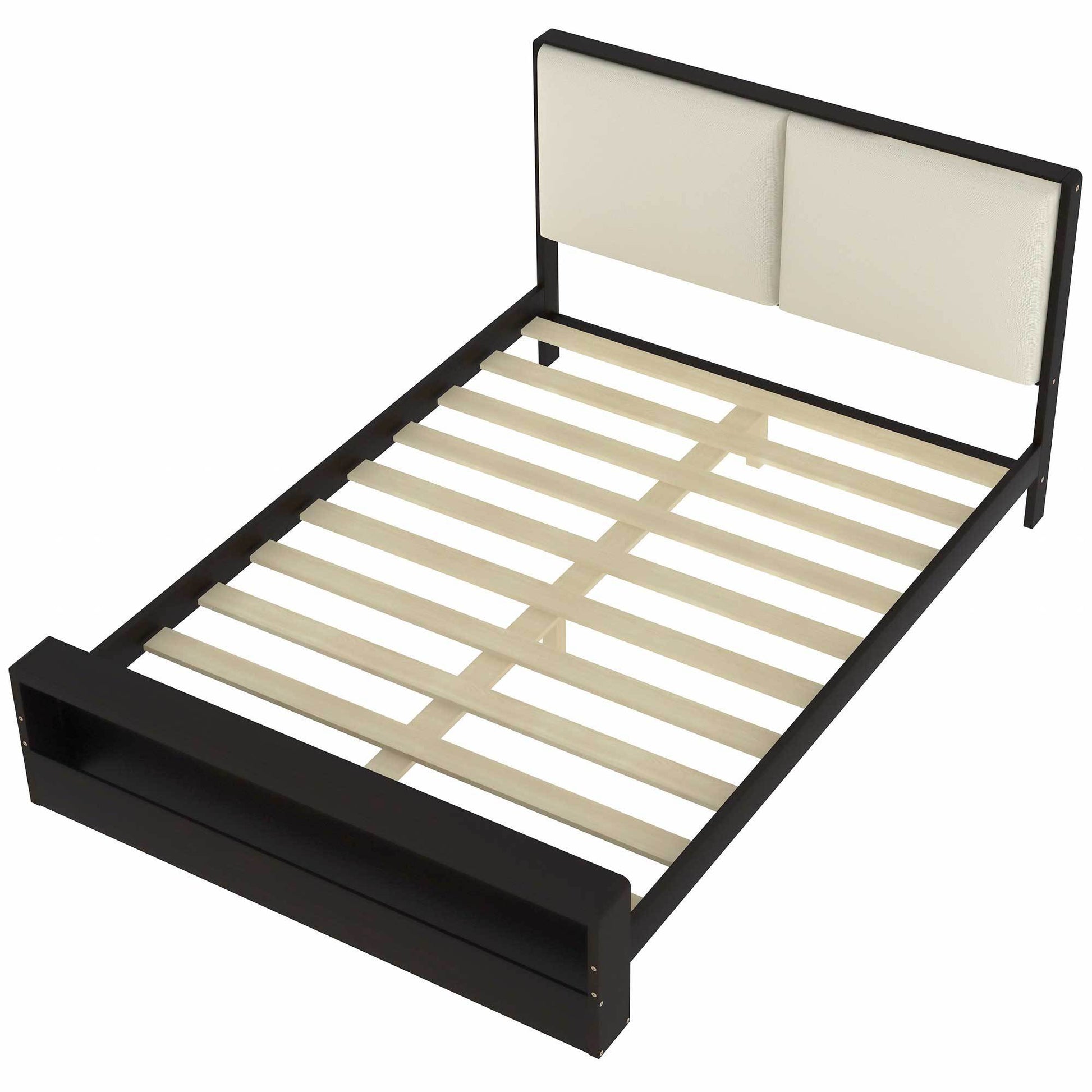 Queen Size Platform Bed Frame With Upholstery Headboard And Bookshelf In Footboard And Led Light Strips, Espresso Queen Espresso Solid Wood Mdf