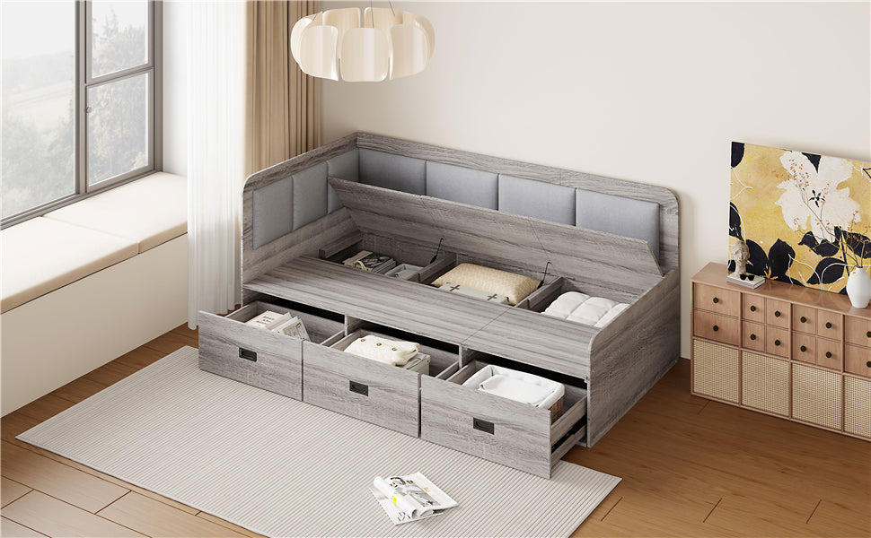 Twin Size Daybed With Three Drawers And Three Storage Compartments, Gray Twin Gray Mdf