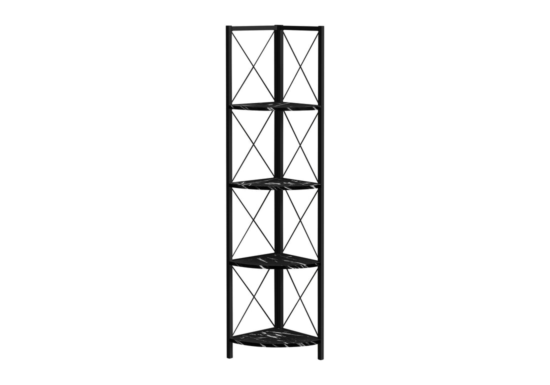 Bookshelf, Bookcase, Etagere, Corner, 4 Tier, 60"H, Office, Bedroom, Black Marble Look Laminate, Black Metal, Contemporary, Modern Black Metal