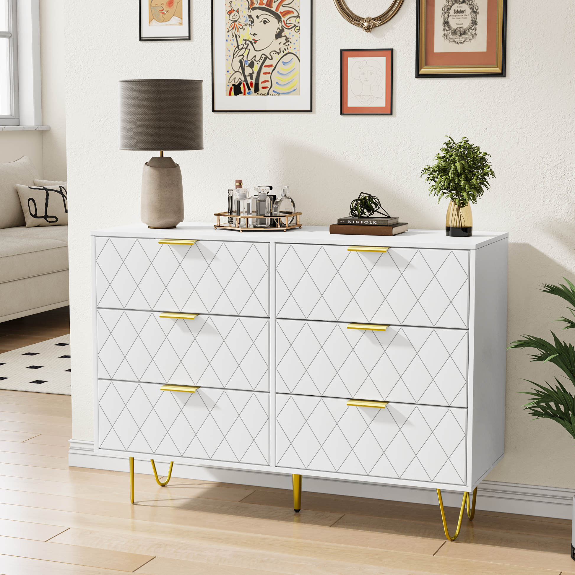 Modern White 6 Drawers For Bedroom, Small Size Wooden Drawers With Gold Handles, Chest Dresser With Deep Drawers For Living Room White Bedroom Mdf