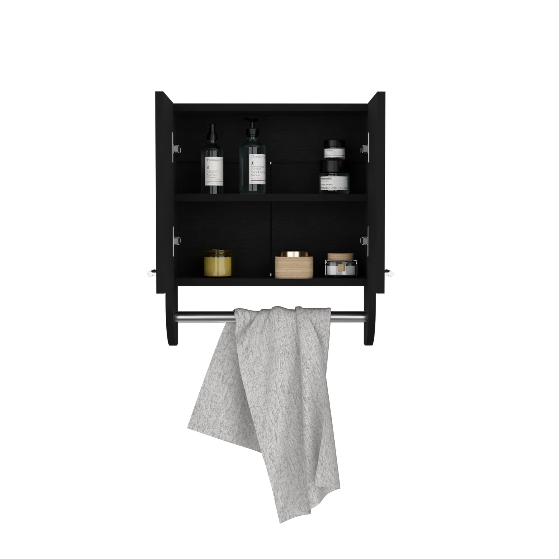 Optim Medicine Cabinet With Towel Holder 17.4" Wide Medice Cabinet Organizer With Two Interior Shelves And Tower Holder For Bathroom, Kitchen, Mudroom Black 2 2 Bathroom Wall Mounted Modern Particle