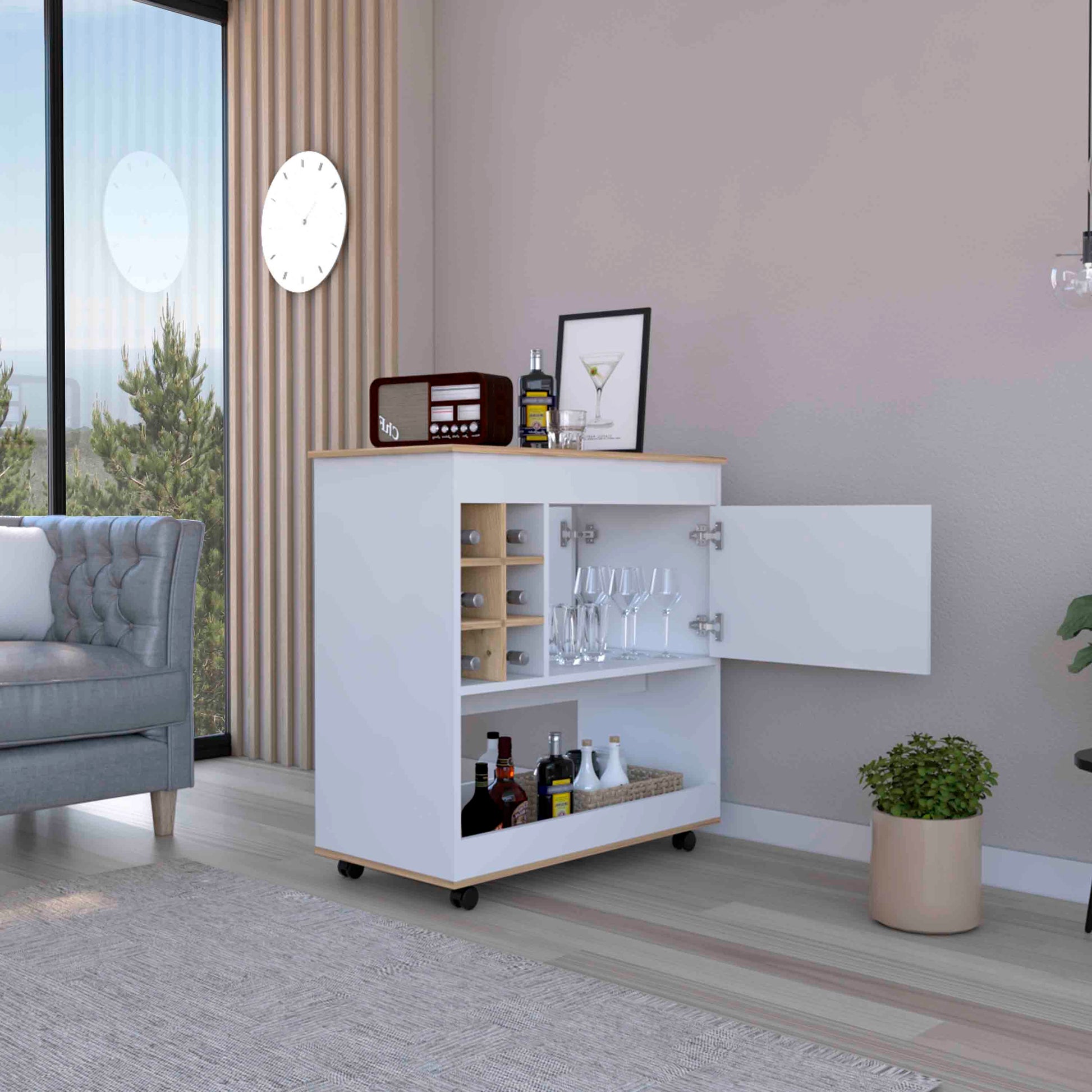 Camelia Bar Cart, Lower Panel, Six Bottle Cubbies, One Cabinet Light Oak White Multicolor Dining Room Modern Rectangular Particle Board Particle Board Medium 40 55In