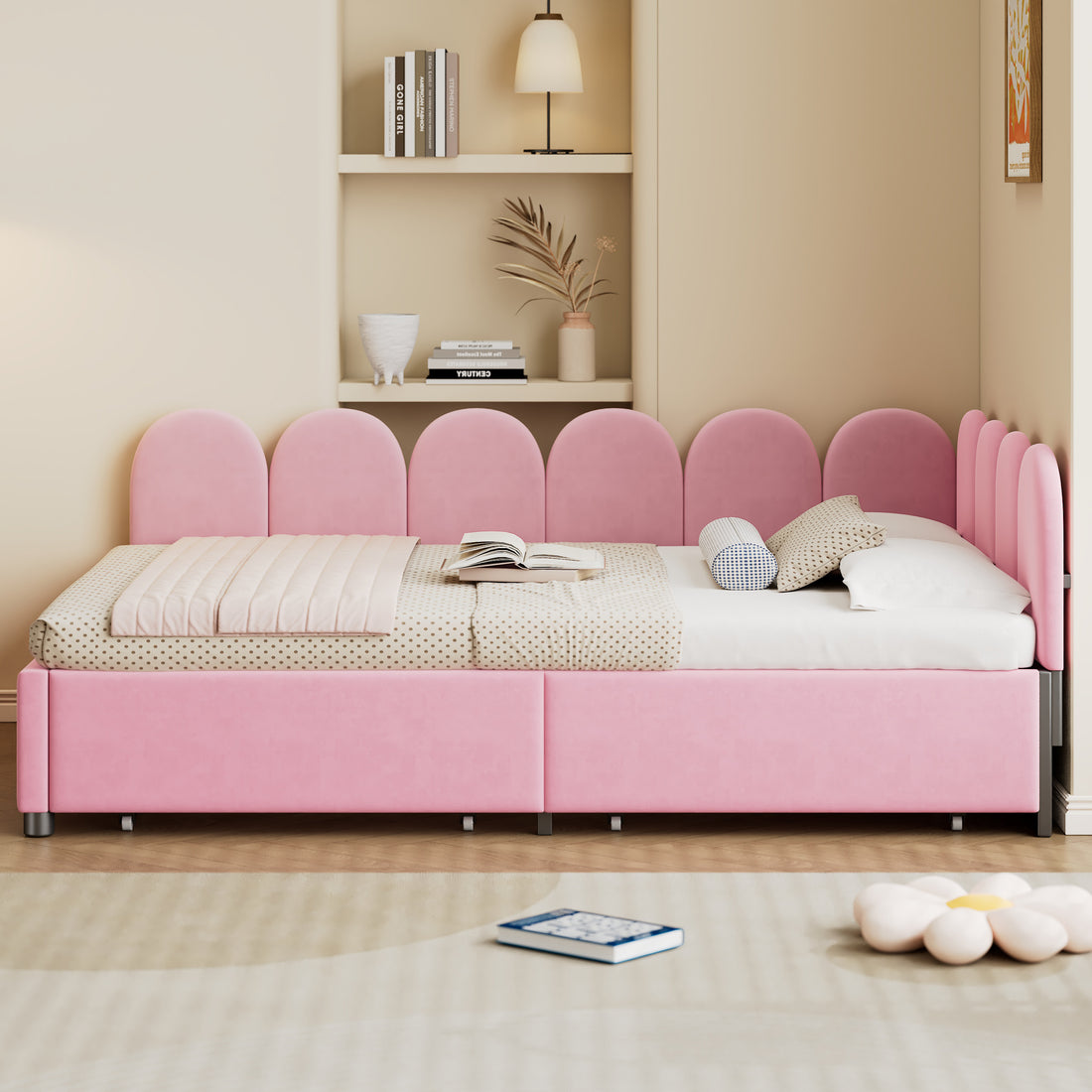 Full Size Upholstered Daybed With 2 Drawers,Velvet Sofabed With Soft Fabric Headboard, No Box Spring Needed, Pink Full Pink Wood Fabric