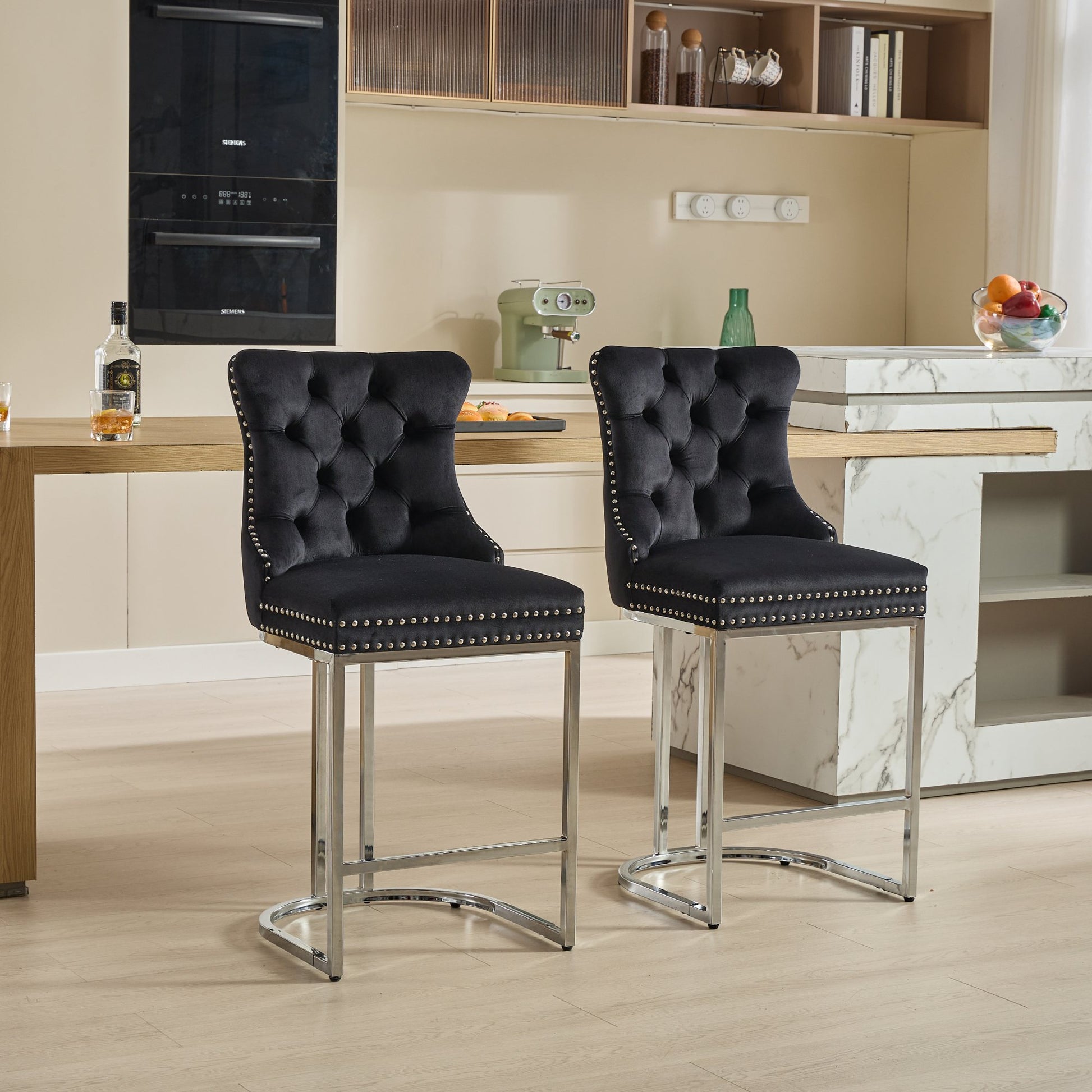 25" Counter Height Bar Stools Set Of 2, Modern Velvet Barstools With Button Back&Rivet Trim Upholstered Kitchen Island Chairs With Sturdy Chromed Metal Base Legs Farmhouse Bar Stools, Black,2 Pack