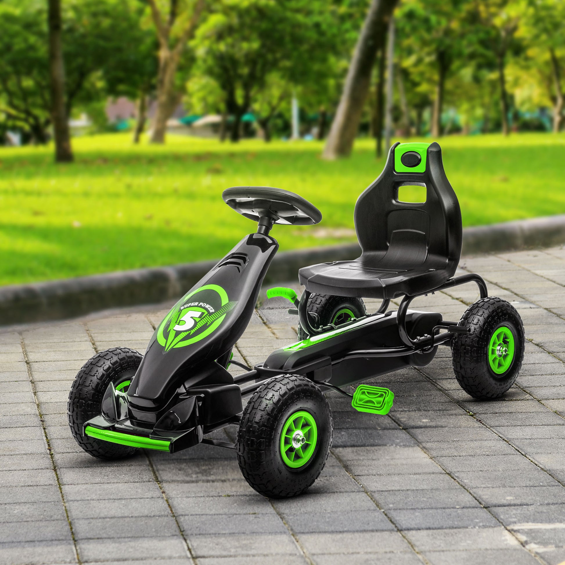 Aosom Kids Pedal Go Kart Ride On Toy With Ergonomic Comfort, Pedal Car With Tough, Wear Resistant Tread, Go Cart Kids Car For Boys & Girls With Suspension System, Safety Hand Brake, Ages 5 12, Green Green Plastic