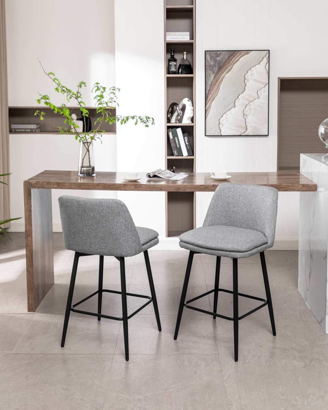 Counter Height Swivel Bar Stools Set Of 2, 360 Swivel Upholstered Barstools With Back And Metal Legs, 25.6" Seat Height,Counter Stools For Kitchen Island And Pub,Linen Cloth,Grey Light Grey Set Of 2 Linen