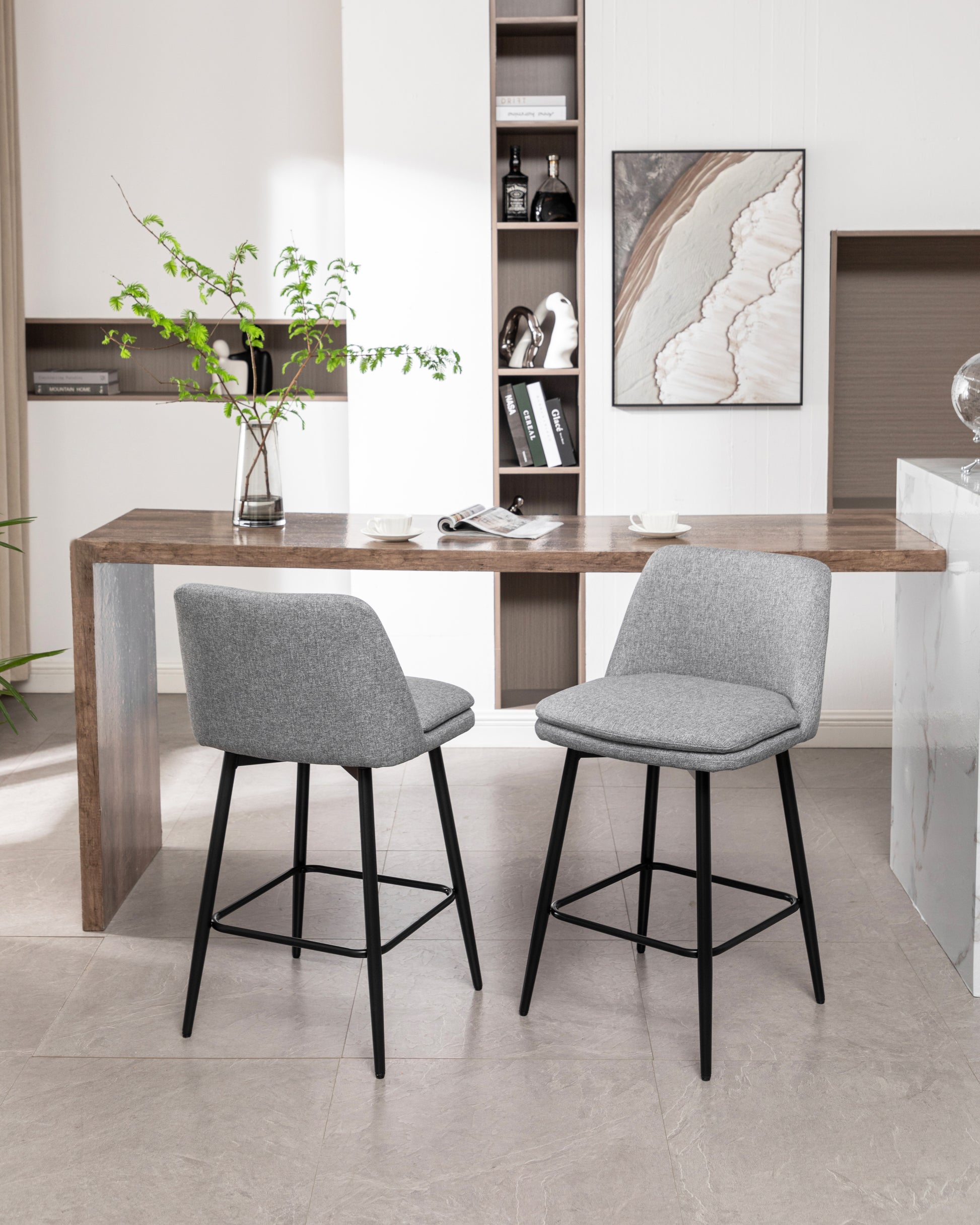 Counter Height Swivel Bar Stools Set Of 2, 360 Swivel Upholstered Barstools With Back And Metal Legs, 25.6" Seat Height,Counter Stools For Kitchen Island And Pub,Linen Cloth,Grey Light Grey Set Of 2 Linen