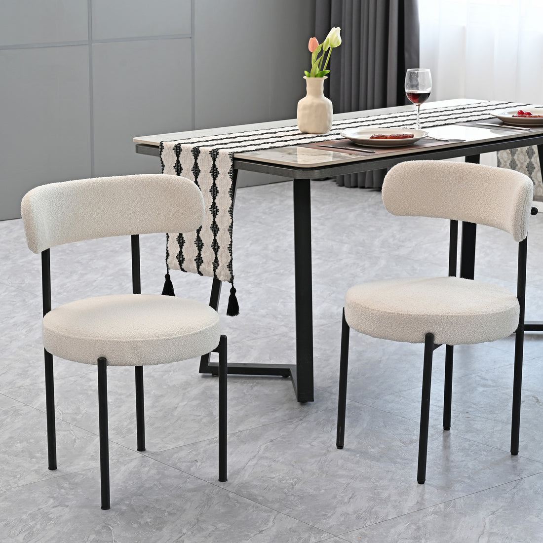 White Boucle Dining Chairs Set Of 2,Mid Century Modern Curved Backrest Chair,Round Upholstered Kitchen Chairs Metal White Dining Room Round Modern Banquet Chair Velvet