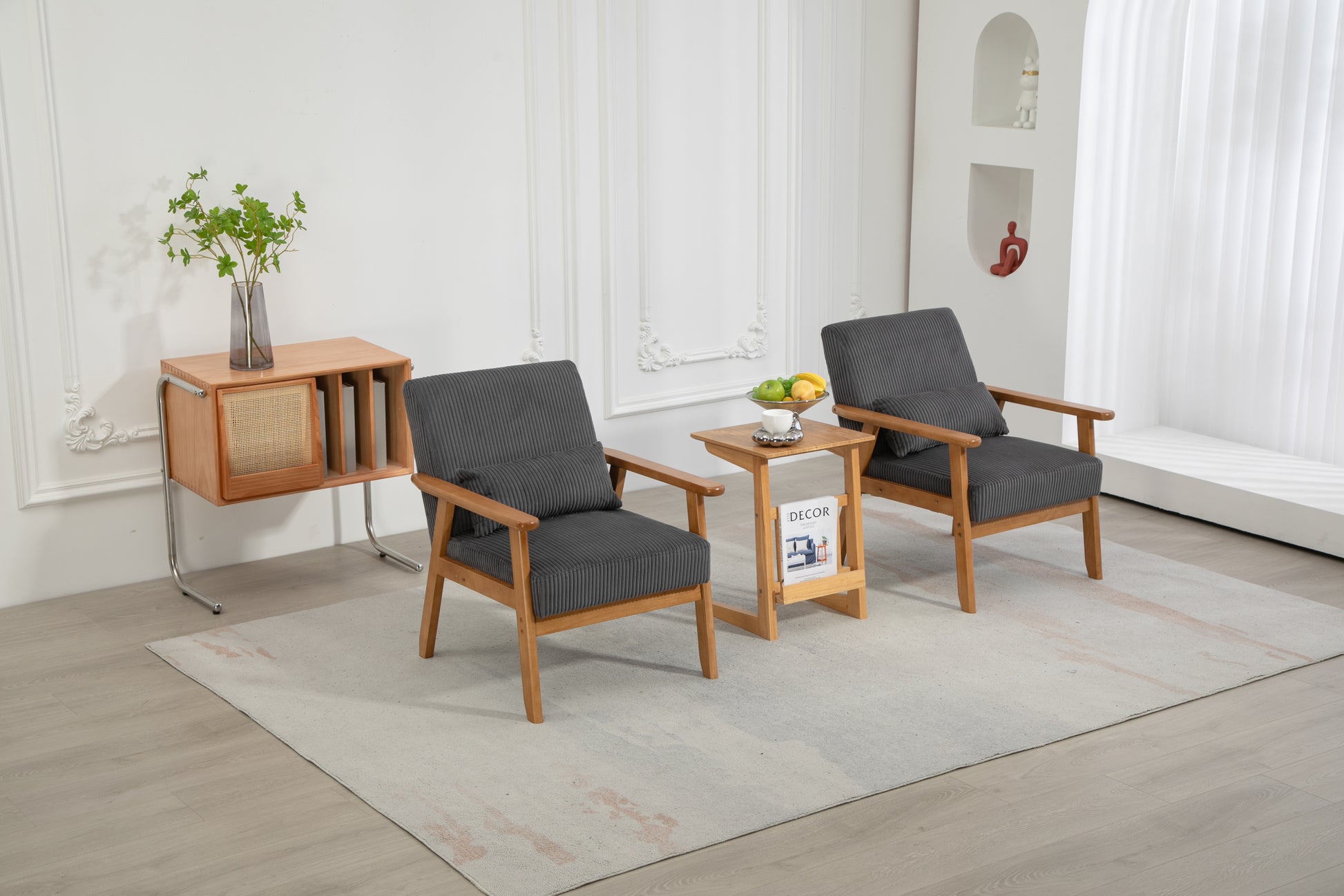 Leisure Chair With Solid Wood Armrest And Feet, Leisure Chair, Wood Frame, Velvet, L, Solid Rubber Wood Legs, Mid Century Modern Accent Chair, For Living Room Bedroom Studio Chair,Two Packs Dark Gray Corduroy