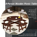 Outdoor 8 Person Picnic Table, 8 Person Round Picnic Table With 4 Built In Benches, Umbrella Hole, Outside Table And Bench Set For Garden, Backyard, Porch, Patio, Brown Brown Wood Metal