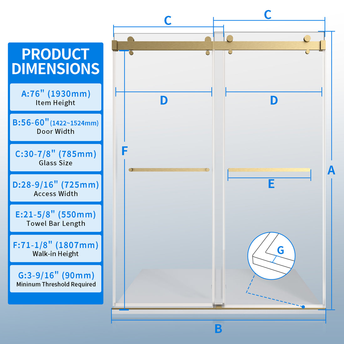 56" 60" Width 76" Height Double Sliding Framless Soft Close Shower Door With 3 8 Inches 10Mm Tempered Safety Glass, Brushed Gold Finish Brushed Gold Bathroom Luxury,Modern Glass Aluminium,Stainless