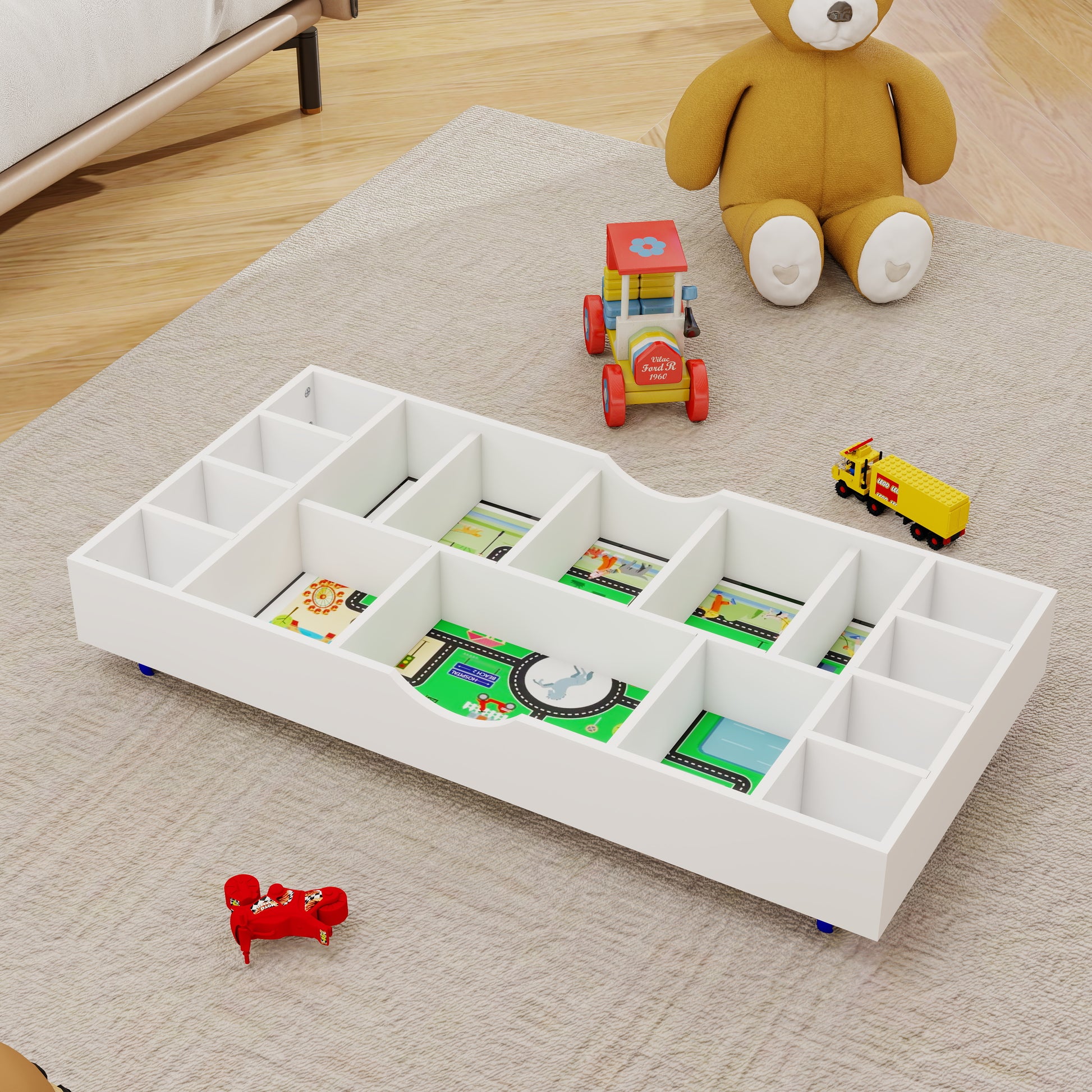 The 2 In 1 Rollaway Play Table And Toy Organizer Compatible With Lego Suitable For Storing Under Bed Or Sofa White 38" X 18.7" X 5.9" White Green Mdf