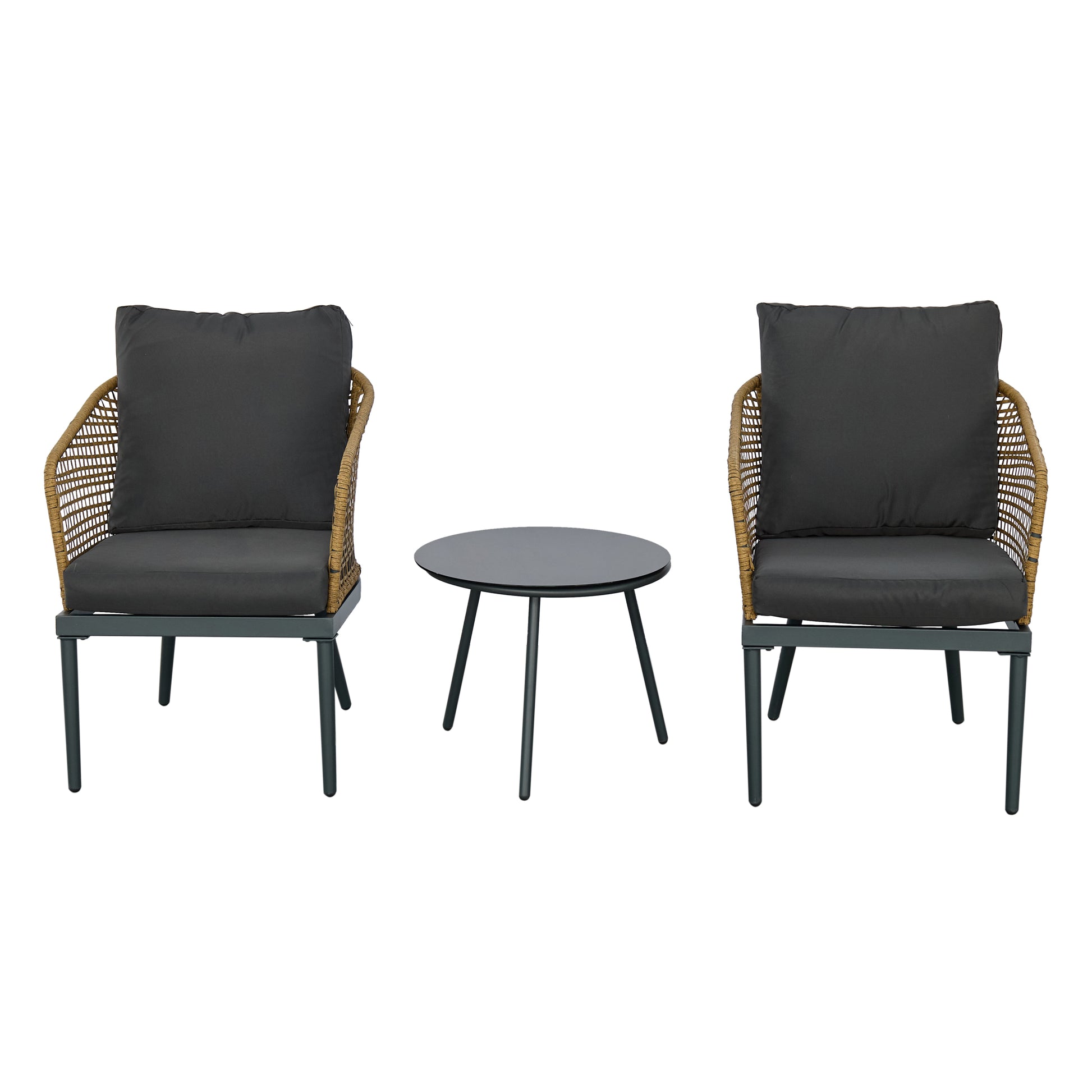 Outdoor Wicker Chairs And Table Bistro Conversation Furniture Set, 3 Pieces For Porch, Balcony, Deck, Patio, Backyard, Natural Color Gray Aluminum