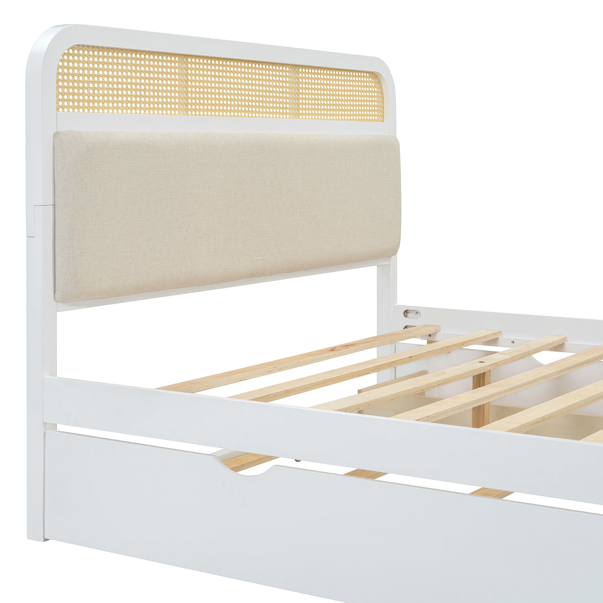 Queen Size Wooden Platform Bed With Trundle And 2 Drawers,White Queen White Solid Wood Mdf