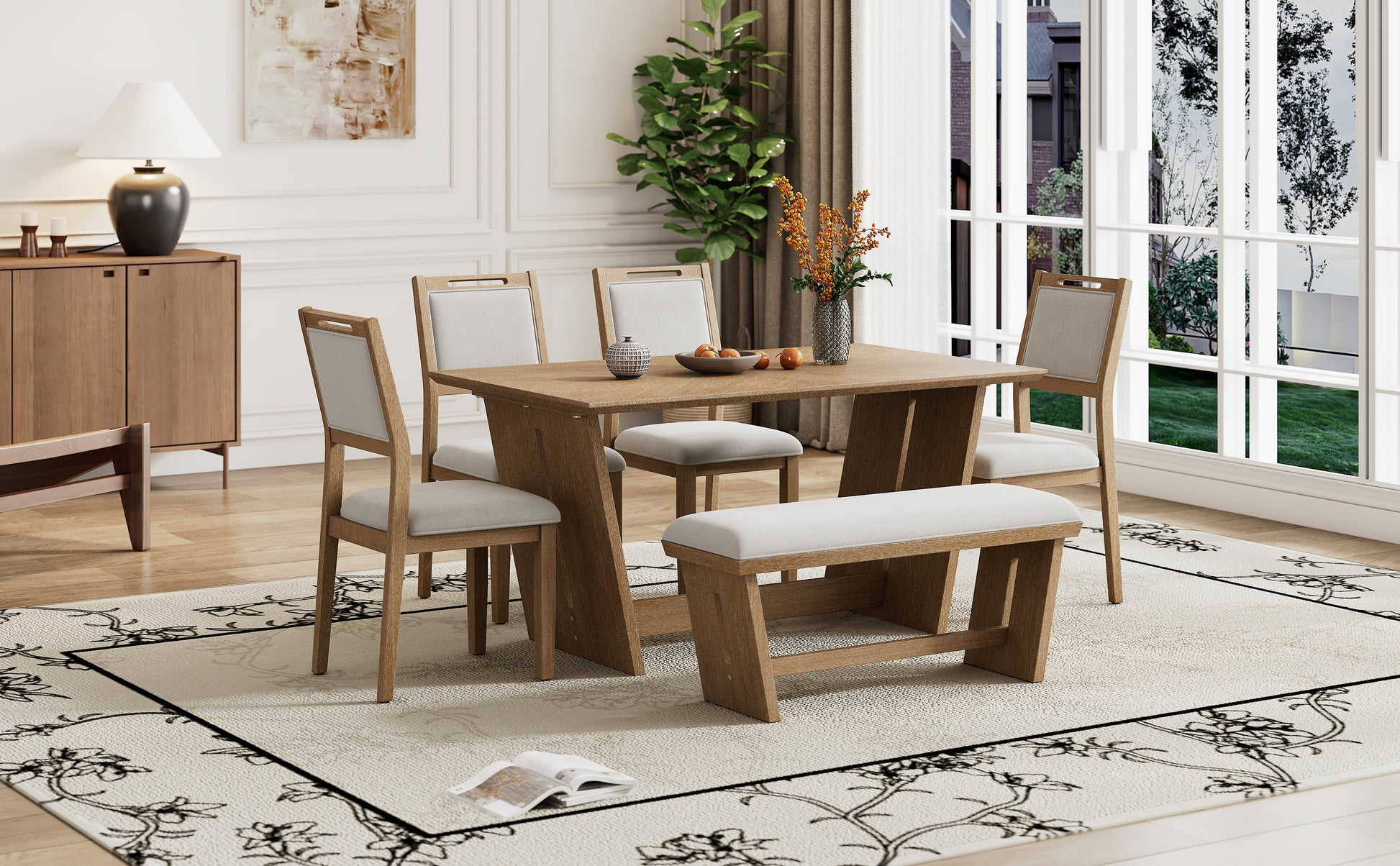 6 Piece Retro Dining Set, 1 Rectangular Table With Stable Trapezoidal Table Base And 4 Upholstered Chairs And 1 Bench For Dining Room And Kitchen Natural Wood Wash Natural Wood Wash Solid Wood Mdf