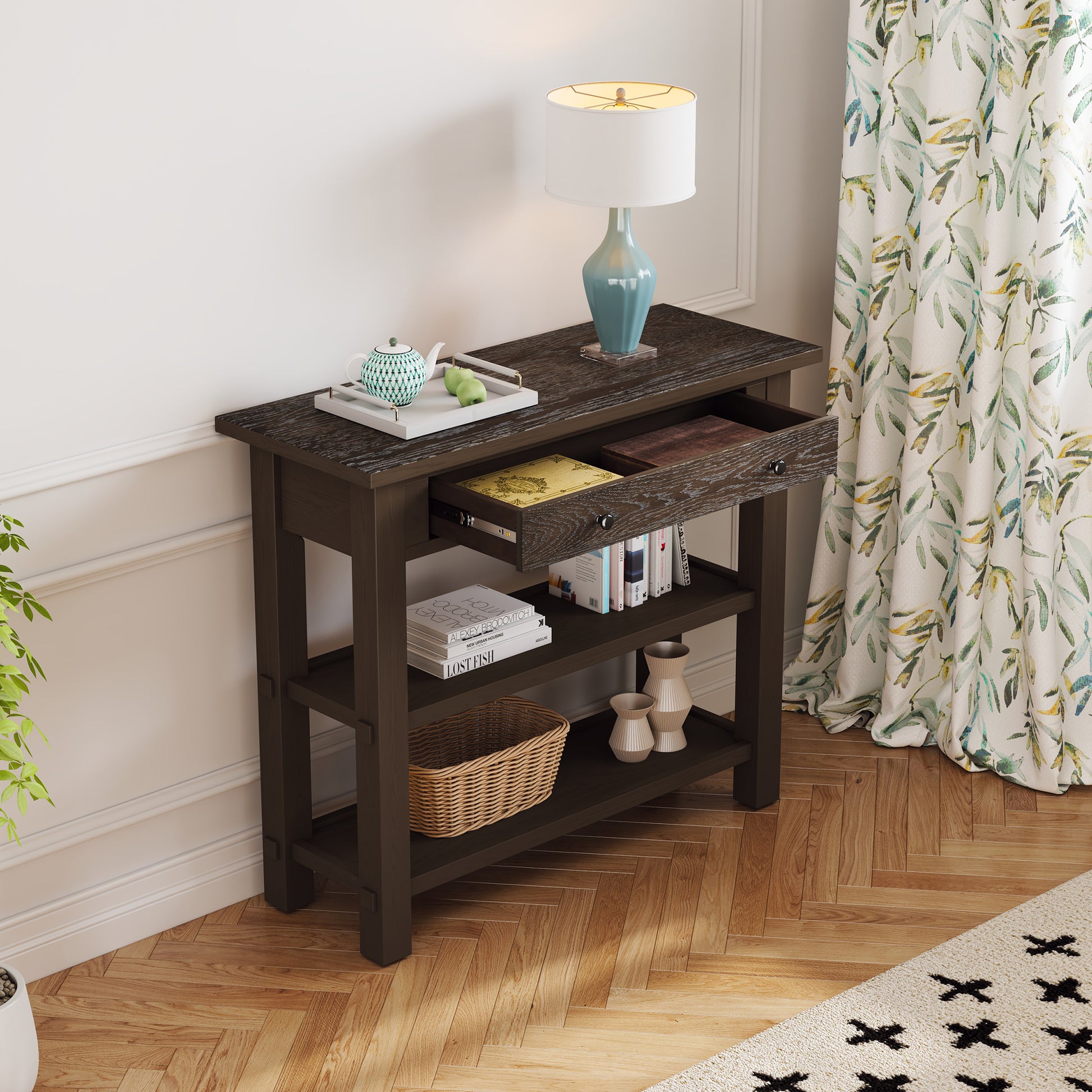 Retro Console Table With Drawer And Two Sturdy Shelves For Entryway, Living Room Espresso Espresso Mdf,Rubber Wood