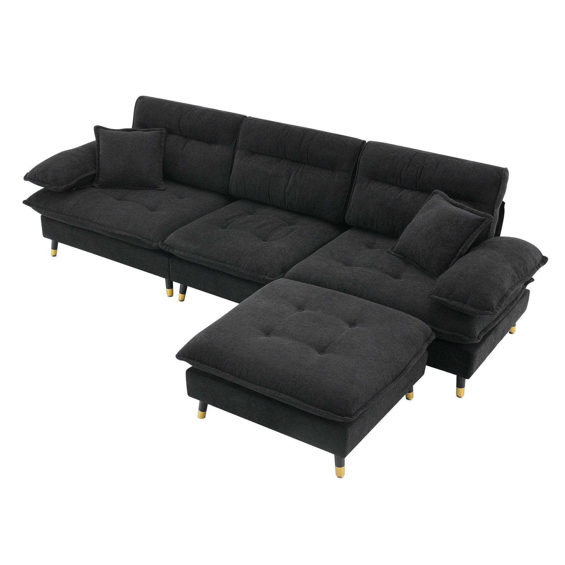 106*66.5" L Shaped Convertible Sectional Sofa,4 Seat Tufted Couch Set With Two Tone Adjust Legs,Cloud Chenille Fabric,Movable Ottoman For Living Room, Apartment,Office,3 Colors Black Chenille 4 Seat