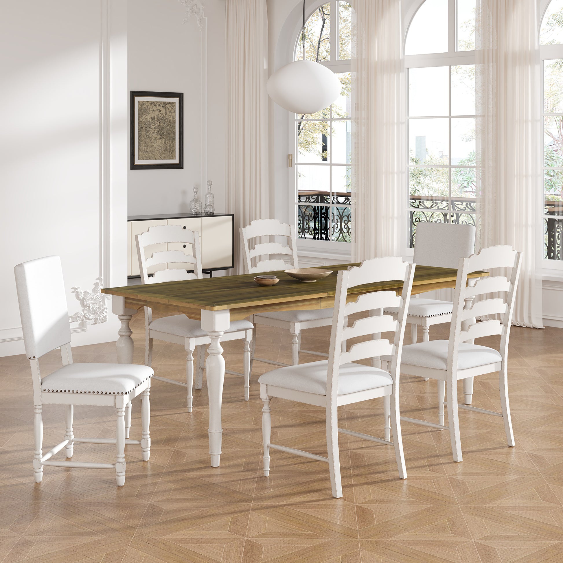 Vintage Traditional 7 Piece 82.7Inch Extendable Dining Table Set With 23.6Inch Removable Leaf, 4 Serrated Back Chairs And 2 Upholstered Back Dining Chairs For 6, Cream Brown Wood Dining Room Distressed Finish Rubberwood Rectangular Dining Table With