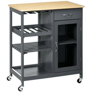 Homcom Rolling Kitchen Island With Storage, Kitchen Cart With 4 Bottle Wine Rack, Bar Cart With Stemware Holder, Shelves, Drawer And Cabinet, Gray Grey Engineered Wood