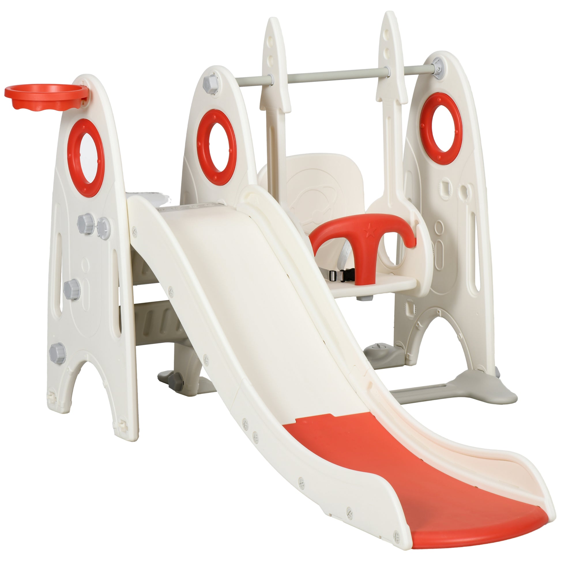 Qaba Toddler Swing Set, 4 In 1 Toddler Playground For Kids 1 3 Years Old, Indoor Toddler Playset With Slide, Swing, Basketball Hoop, Climber, Basketball, Red Red Plastic
