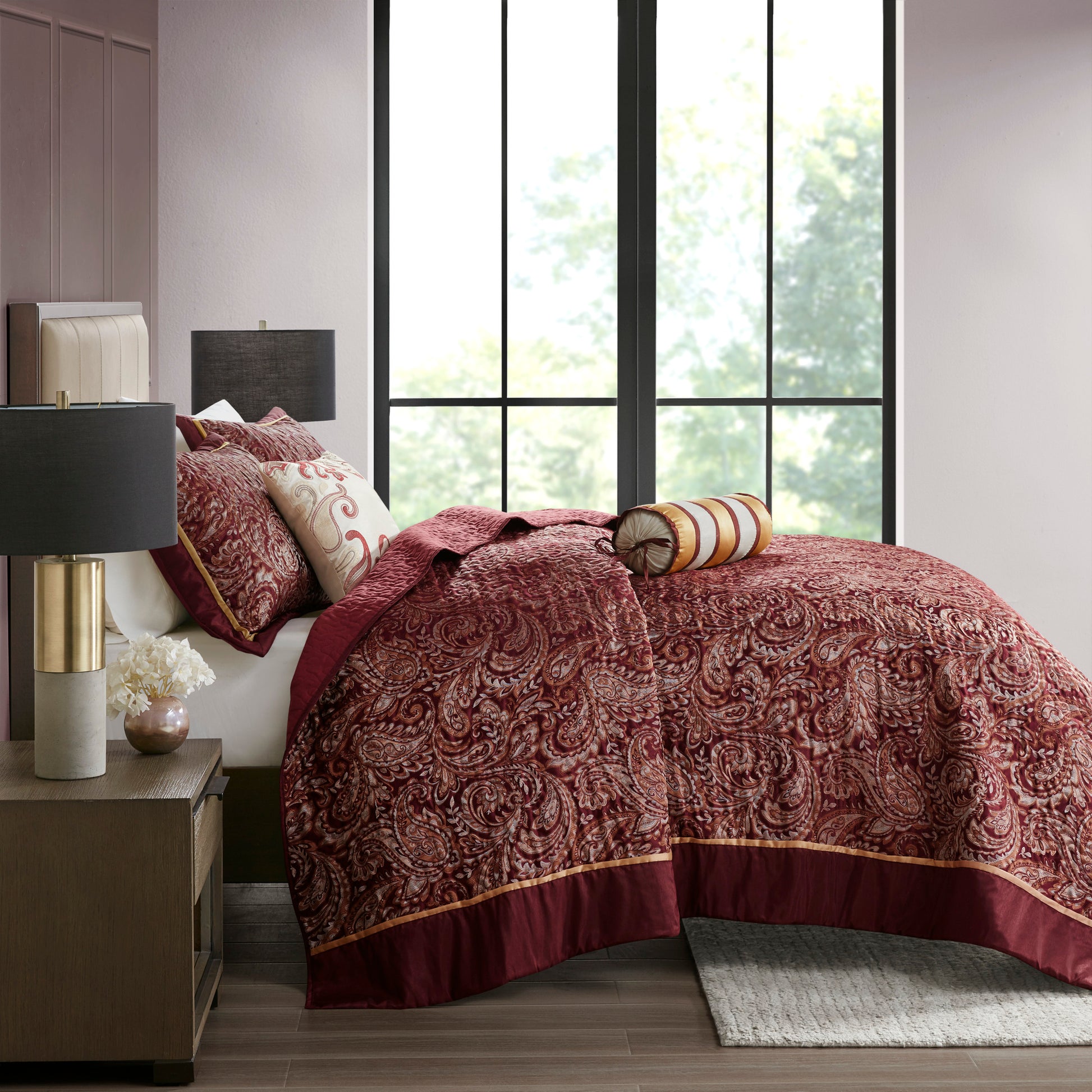 5 Piece Jacquard Bedspread Set With Throw Pillows Burdy King King Burgundy Cotton