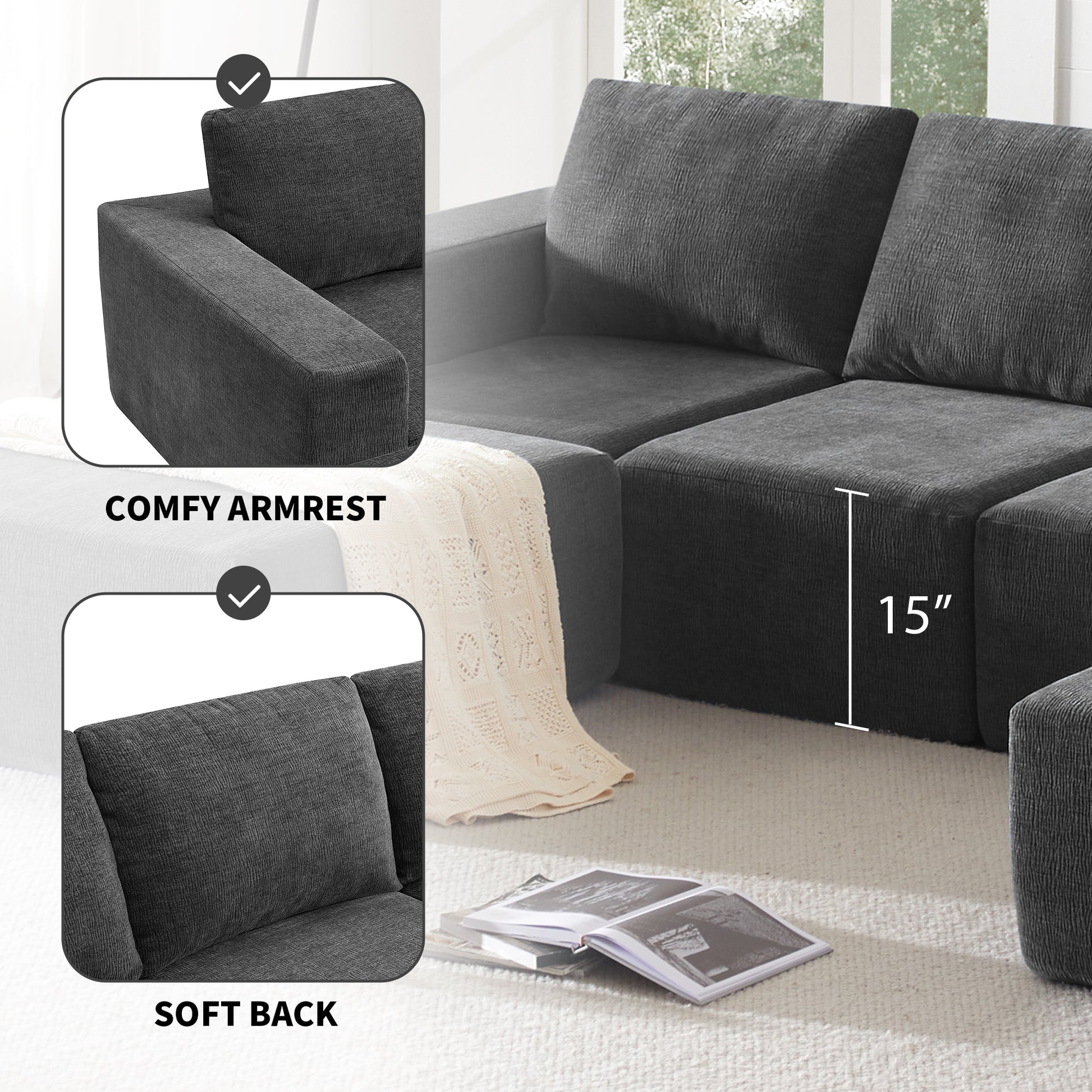 110*72" Modular U Shaped Sectional Sofa,Luxury Chenille Floor Couch Set,Upholstered Indoor Furniture,Foam Filled Sleeper Sofa Bed For Living Room,Bedroom,Free Combination,3 Colors Dark Gray Polyester 6 Seat