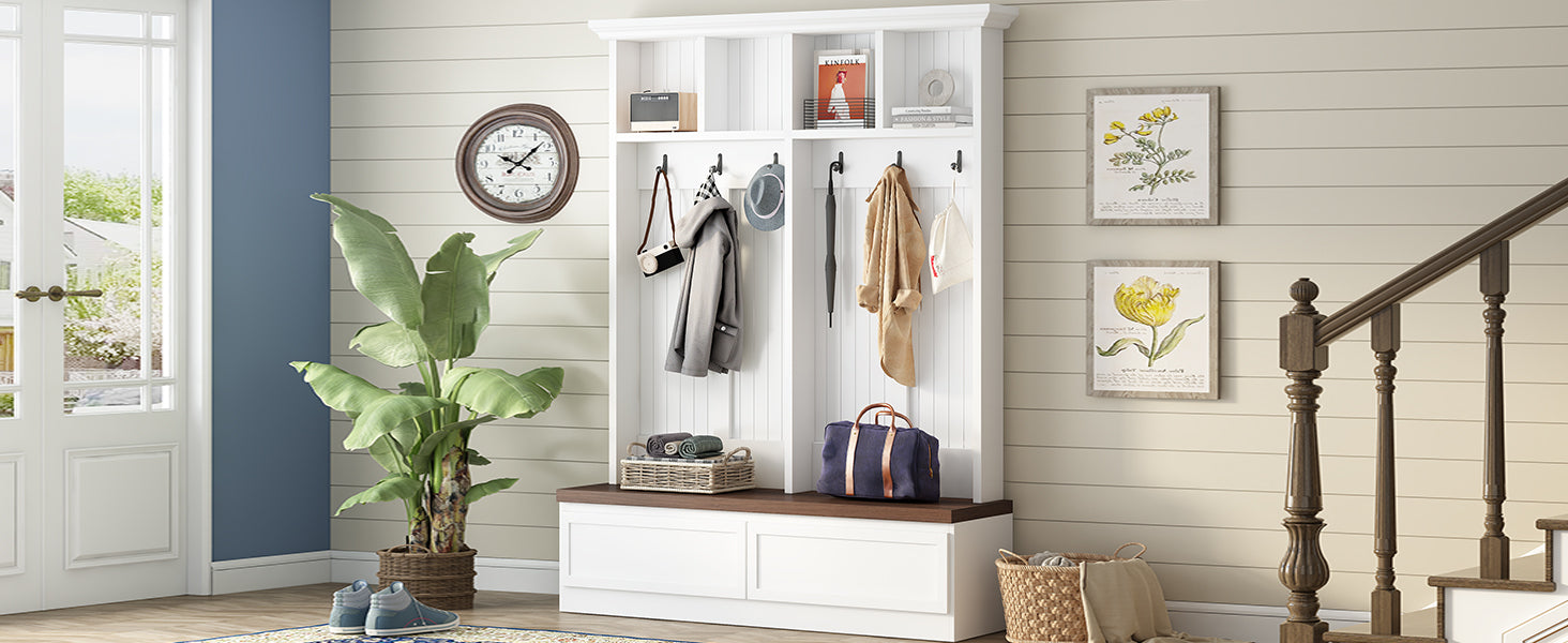 Farmhouse 4 In 1 Hall Tree With Wood Grain Bench, Mudroom Versatile Coat Rack With 2 Large Drawers, Large Entrance Organizer With 6 Black Hooks For Hallway, Living Room, White, 55.9"Wx75.6"H White