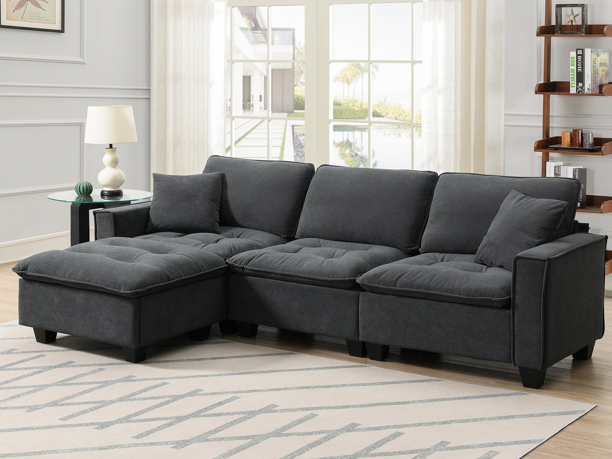 100*59" Modern Convertible Sectional Sofa,L Shaped Reversible Couch Set With Free Pillows,4 Seat Suede Velvet Sleeper Sofa With Ottoman For Living Room,Apartment,Office,3 Colors Dark Gray Suede 4 Seat