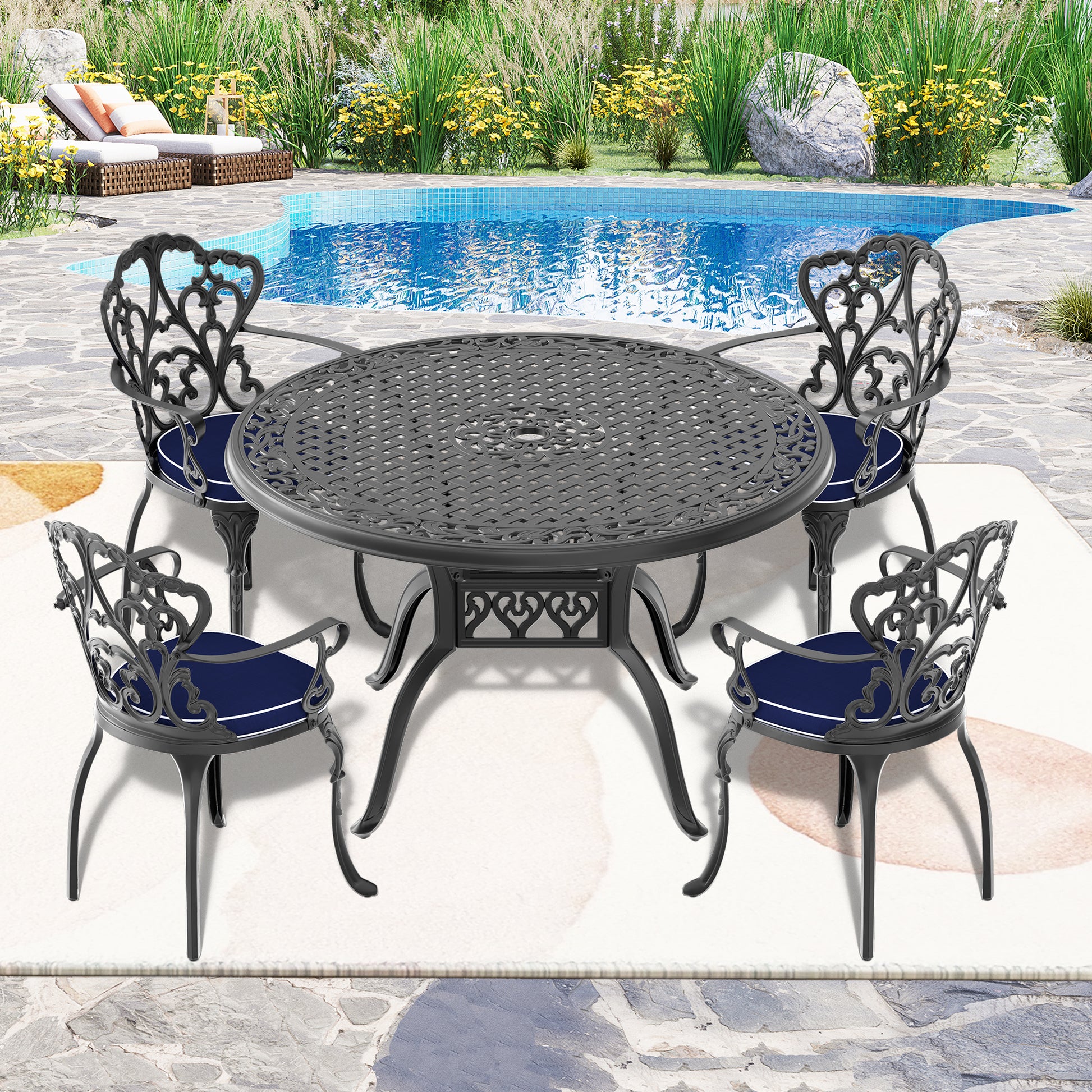 Cushions In Random Colors 5 Piece Set Of Cast Aluminum Patio Furniture With Cushions Yes Dining Set Black Seats 4 Rust Resistant Frame Water Resistant Cushion Garden & Outdoor Complete Patio Sets Aluminium