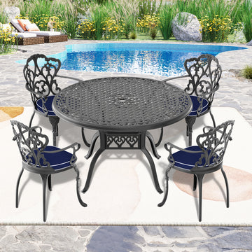 Cushions In Random Colors 5 Piece Set Of Cast Aluminum Patio Furniture With Cushions Yes Dining Set Black Seats 4 Rust Resistant Frame Water Resistant Cushion Garden & Outdoor Complete Patio Sets Aluminium