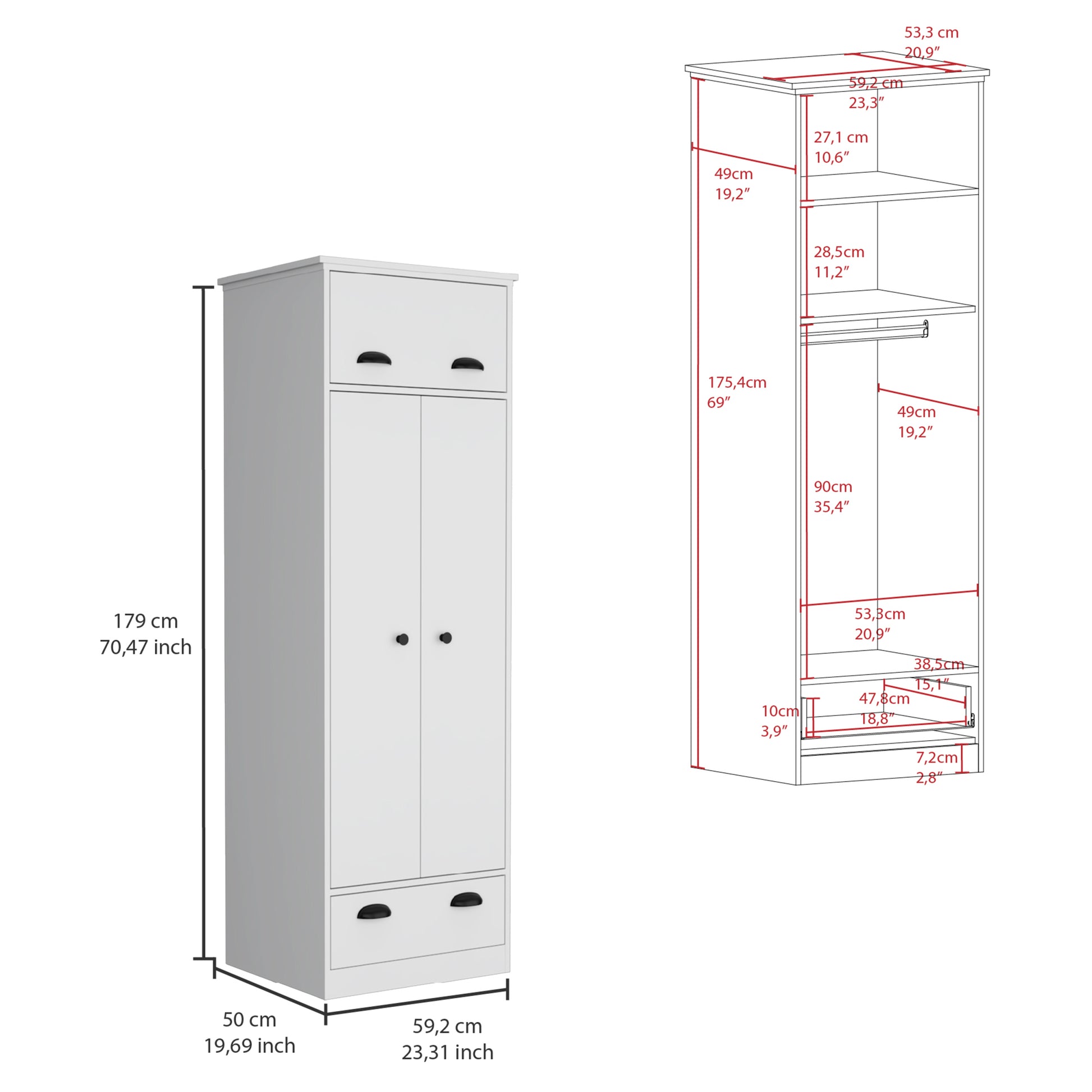 Falkland Armoire With 1 Drawer And 1 Hinged Drawer With Handles White Bedroom Modern Particle Board