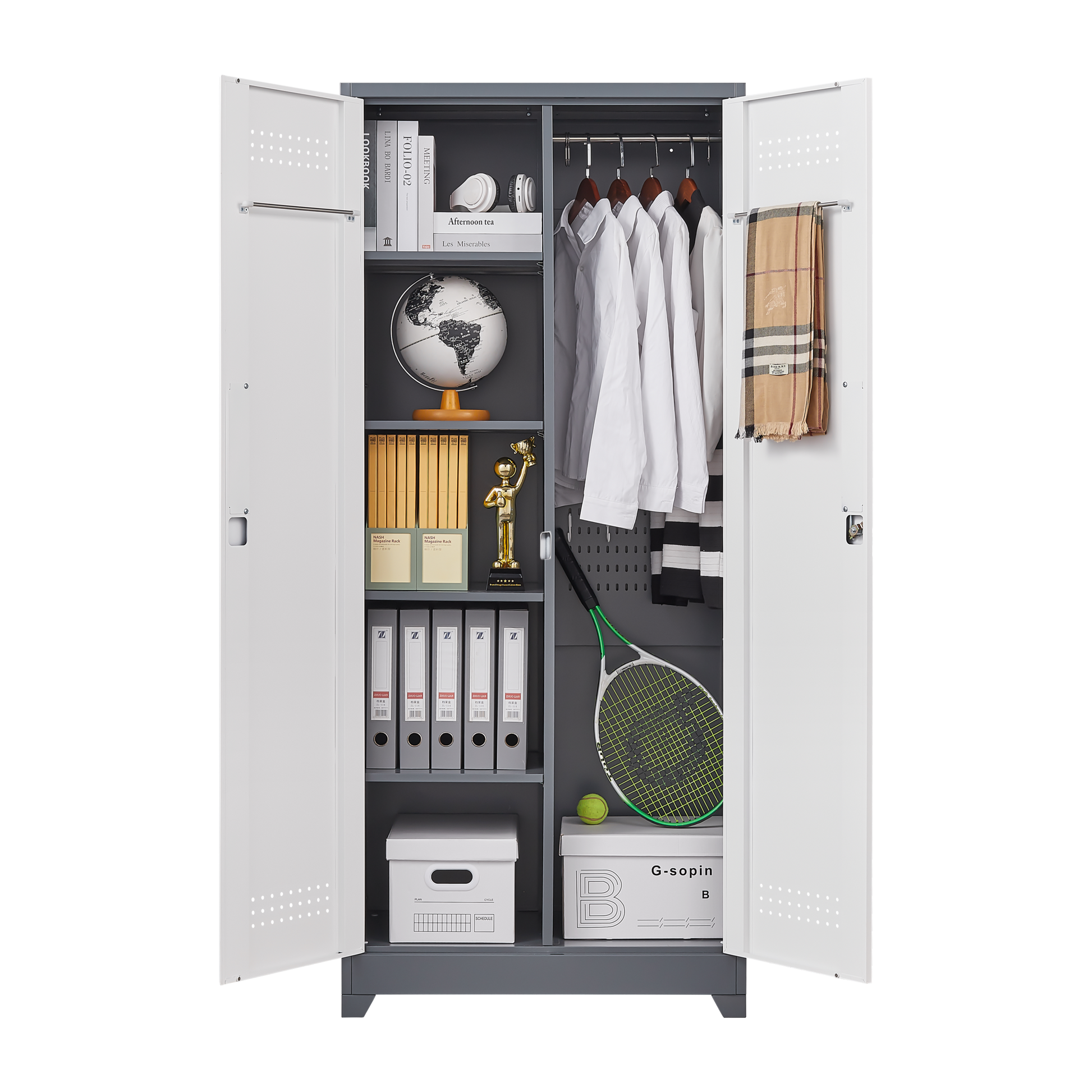 Metal Storage Cabinets, Cleaning Tool Cabinet With Locking Door, Tall Broom Tool Organizer And Storage, Large Storage Cabinet For Kitchen, Pantry, Office, Shop 3 4 Shelves Grey White Door Locks Modern Metal