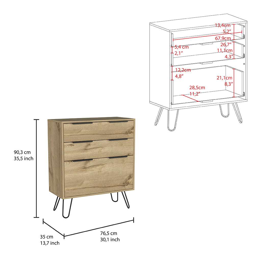 Augusta Dresser, Hairpin Legs, Three Drawers, Superior Top Light Oak Hinged Beige Drawer 2 Drawers Bedroom Ball Bearing Glides Modern 2 Or Less Particle Board Particle Board