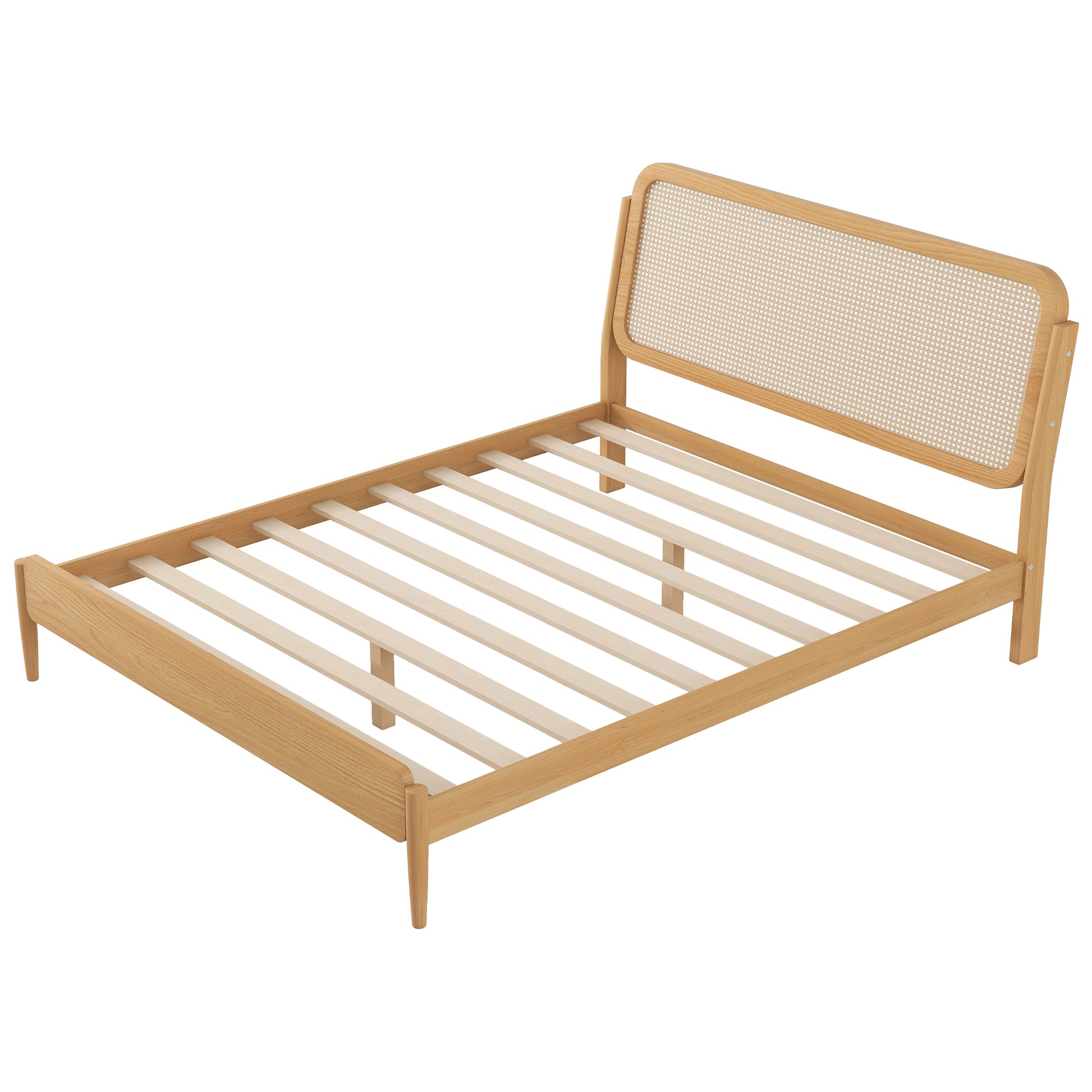 Queen Size Wood Storage Platform Bed With Led Light, Rattan Headboard, Nature Box Spring Not Required Queen Antique Natural Wood Bedroom Bed Frame Wood Rattan