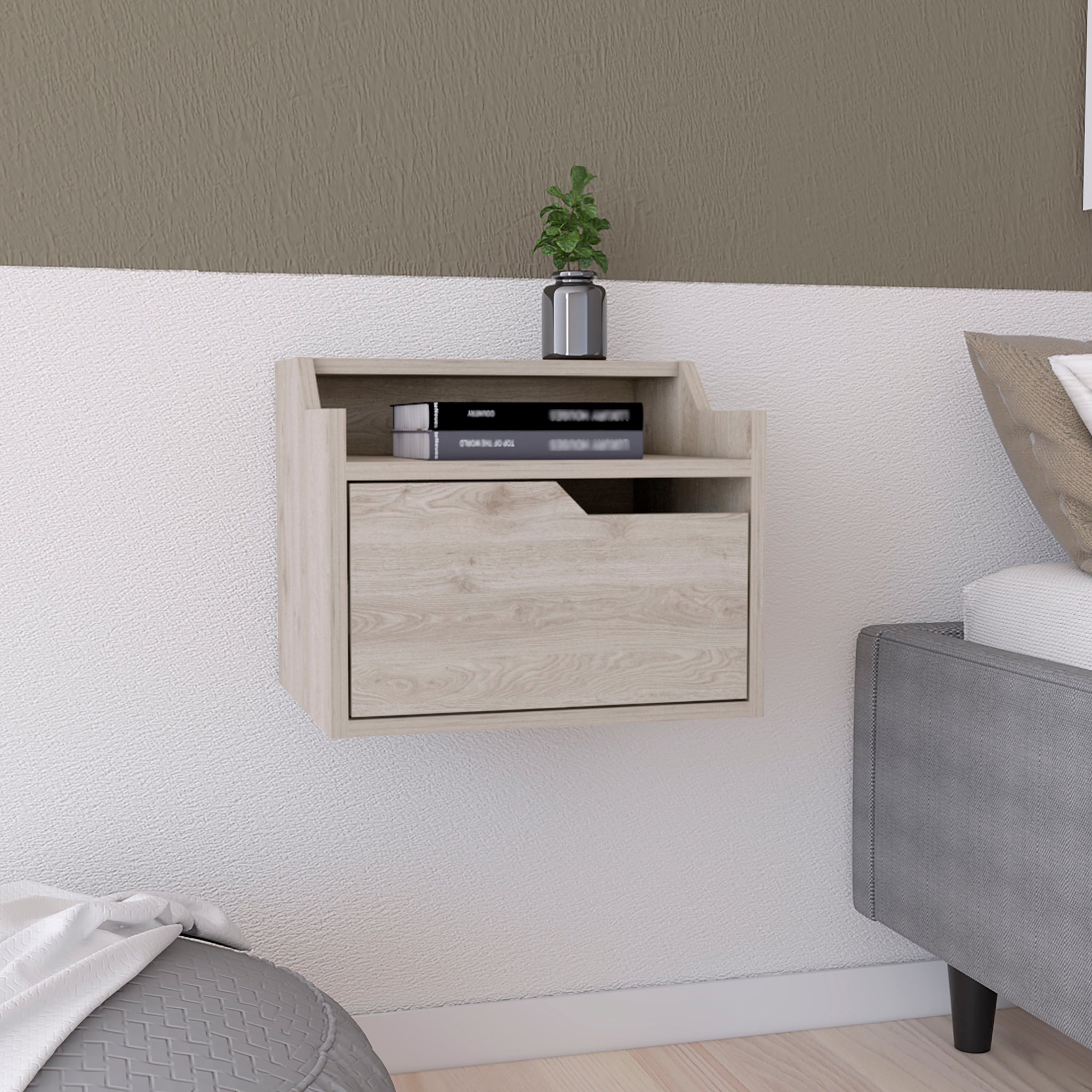 Winchester Floating Nightstand, Modern Dual Tier Design With Spacious Single Drawer Storage, Light Gray Light Gray Solid Wood Mdf Engineered Wood