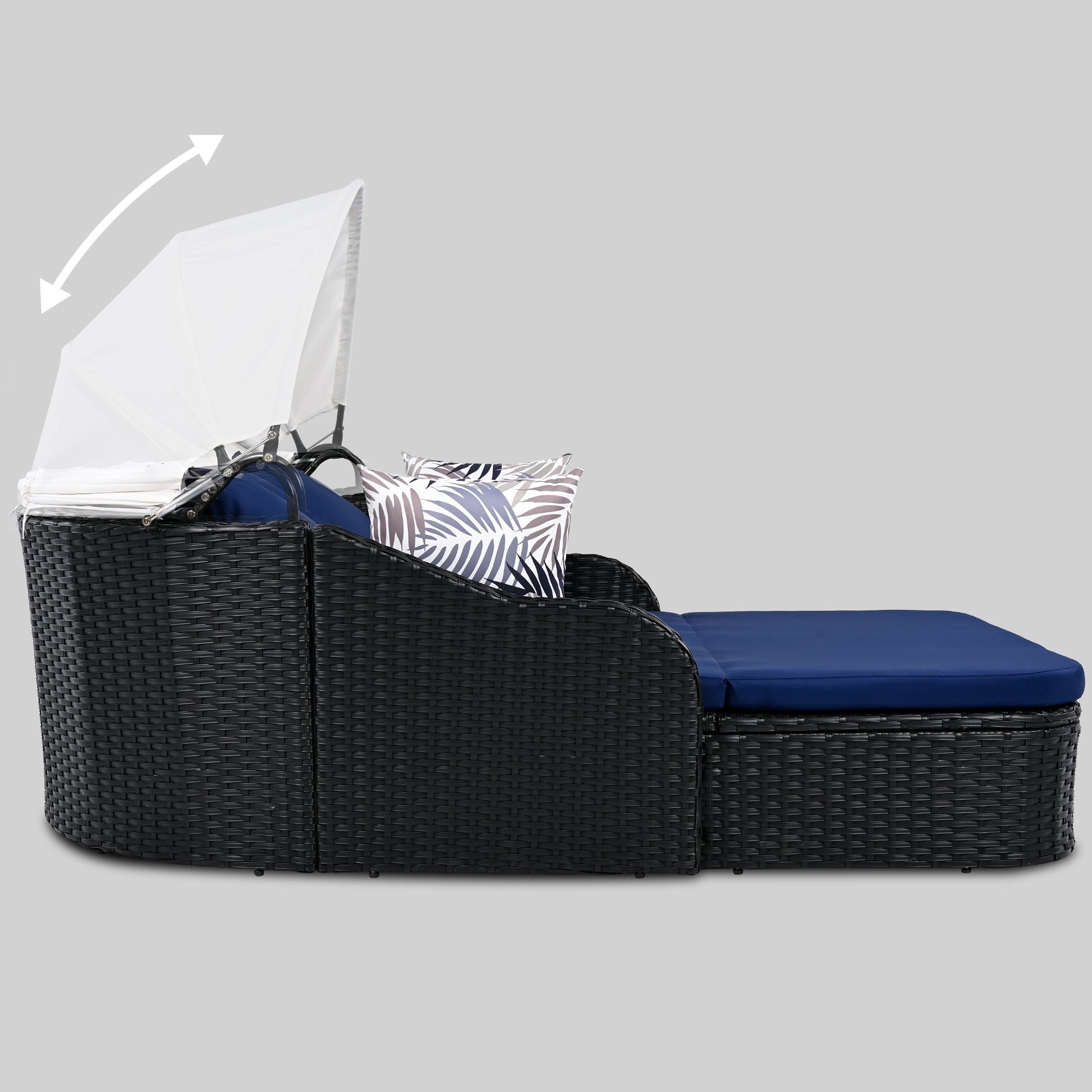 79.9" Outdoor Sunbed With Adjustable Canopy, Double Lounge, Pe Rattan Daybed, Black Wicker And Blue Cushion Yes Black Blue Wicker
