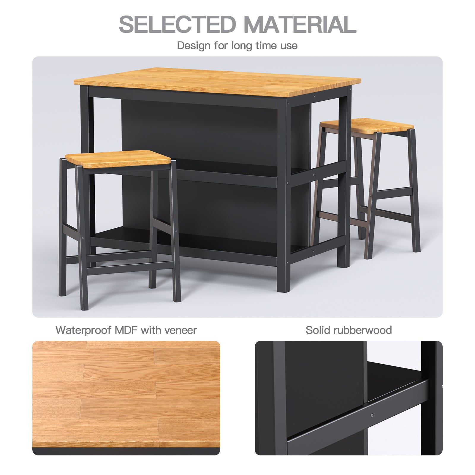 3 Pcs Dining Table Set Rustic Retro Breakfast Table Dining Stools Rubberwood For 2 With Two Open Shelves For Small Space Kitchen Dining Room W69165661 Black Rubber Wood