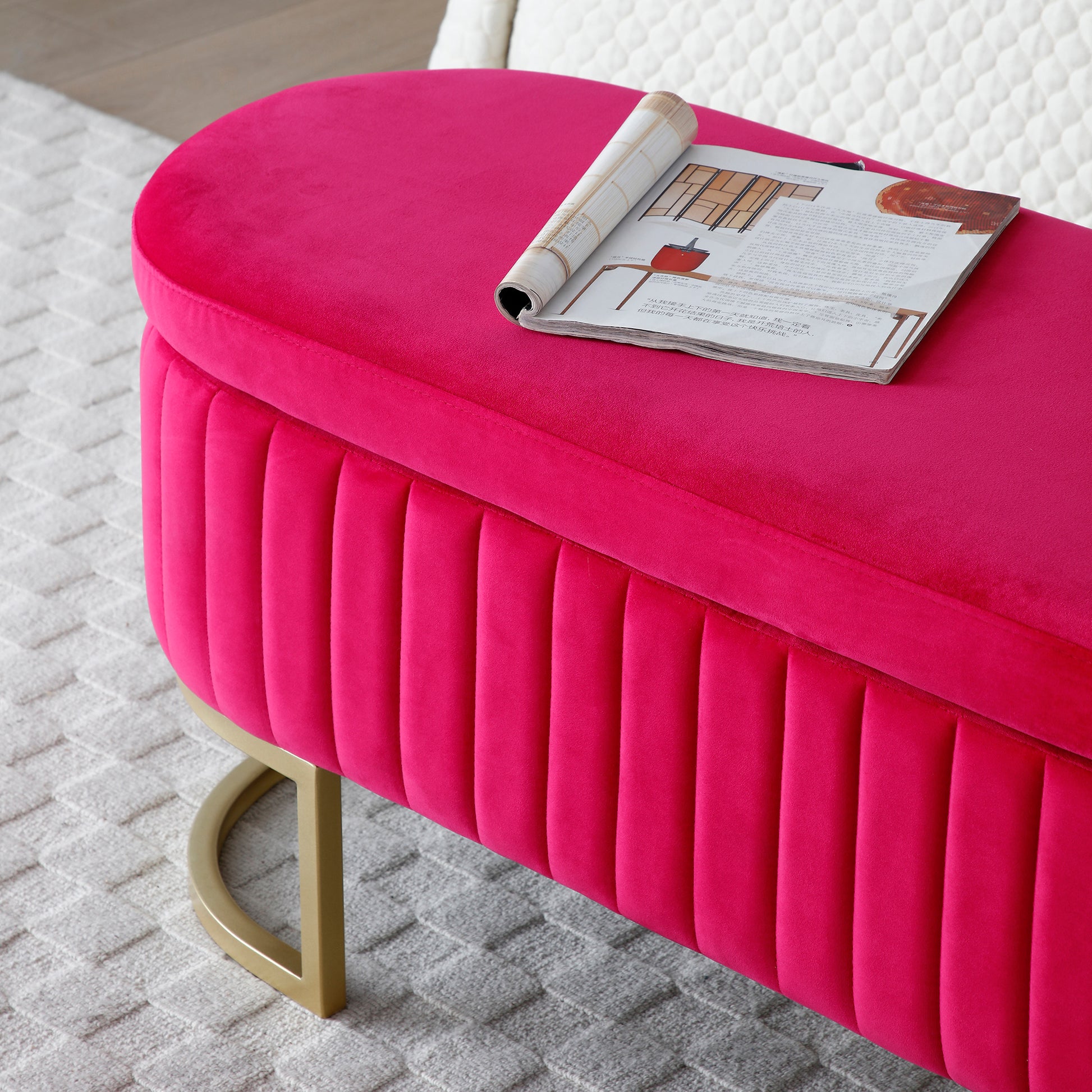 Storage Bench Bedroom Bench, Velvet Oval Upholstered End Of Bed Bench With Golden Metal Legs,50"Modern Storage Ottoman Bench For Bedroom, Living Room,Entryway,Window, Rose Red Rose Red Velvet