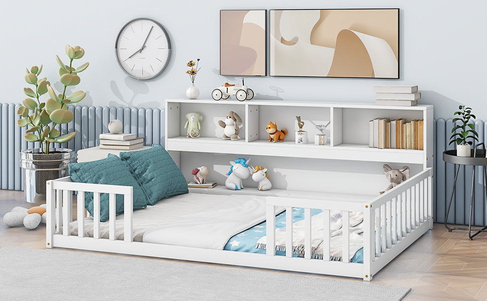 Full Floor Bed With Side Bookcase,Shelves,Guardrails,White Full White Bedroom American Design Pine