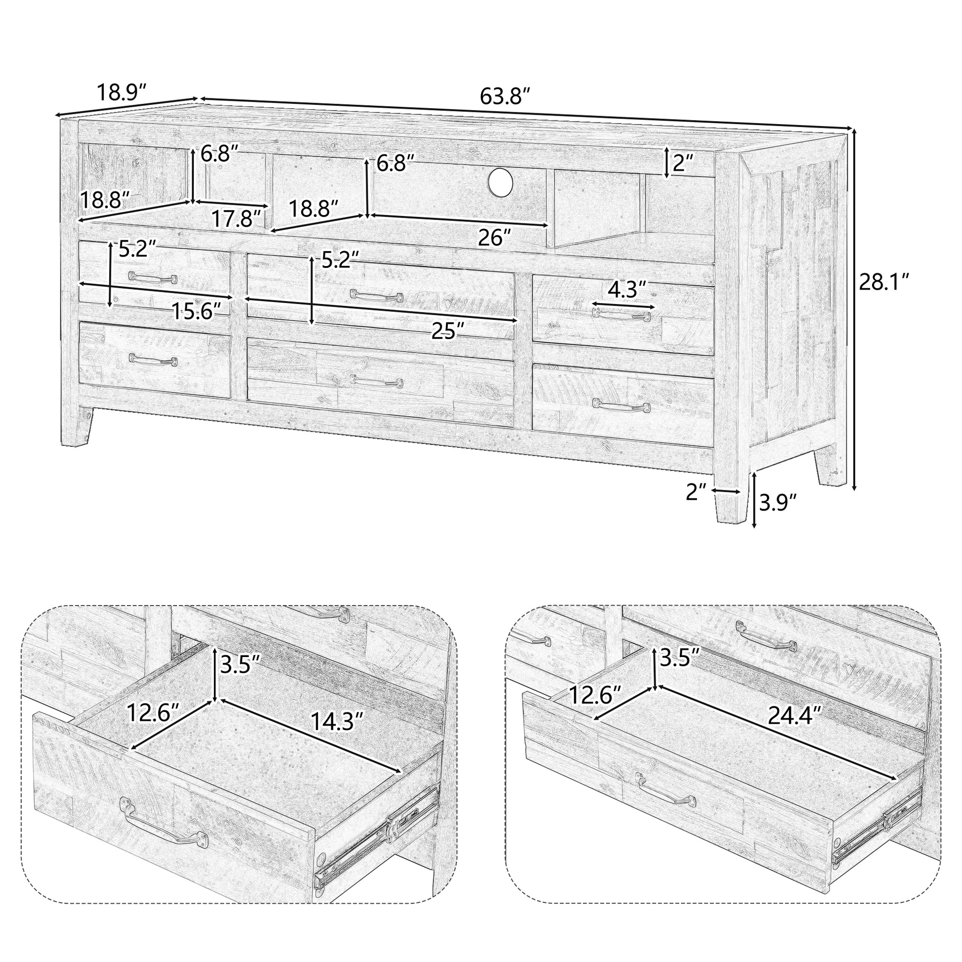 Retro Distressed Wooden Tv Stand For Tvs Up To 65 Inches, Entertainment Center Media Console With 6 Drawers And 3 Shelves For Living Room, Black Black 60 69 Inches Solid Wood Mdf