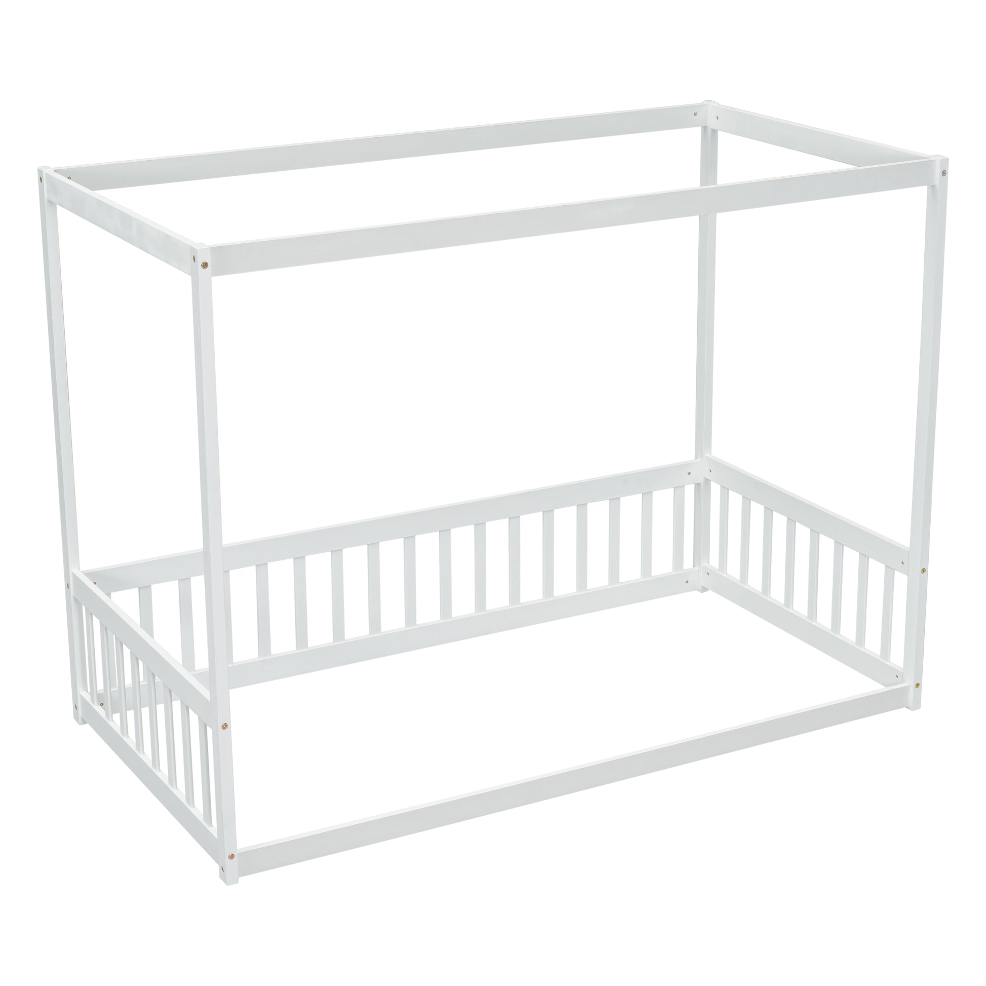 Twin Size Canopy Frame Floor Bed With Fence, Guardrails,White Twin White American Design Pine