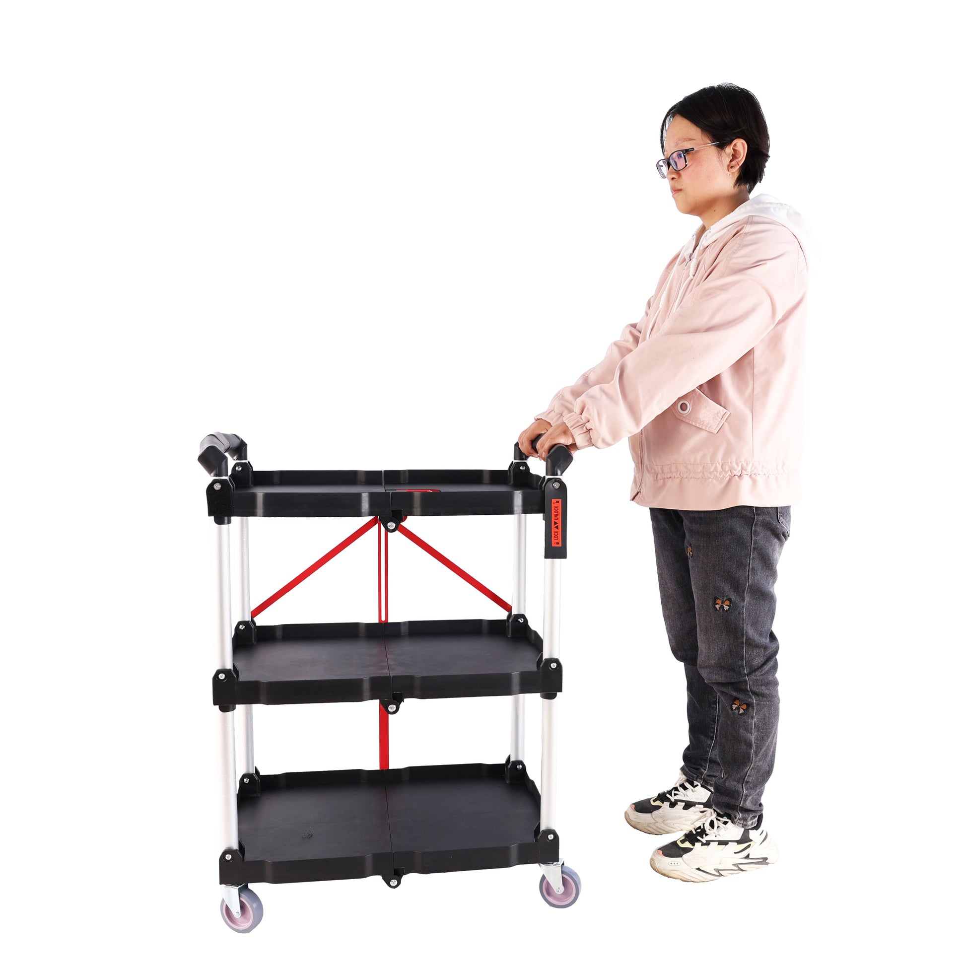 Folding Service Car With Wheels, Three Layer Practical Trolley, Folding Storage Cart, Suitable For Family, Garage, Restaurant, Hotel, Kitchen, Warehouse. No Assembly Required. Black Blue Plastic