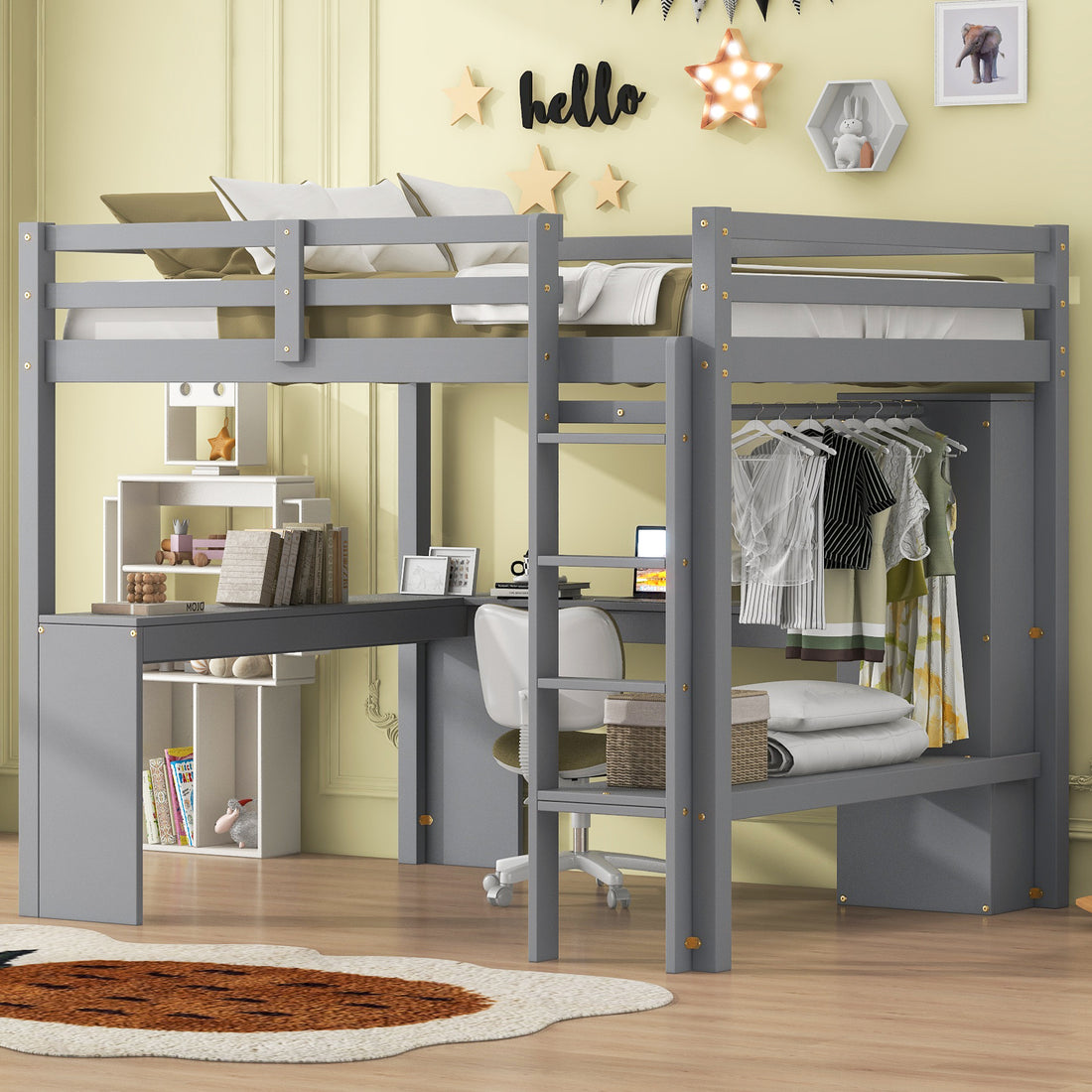 Full Size Loft Bed With L Shaped Desk, Wardrobe And Storage Shelves, Grey Box Spring Not Required Full Grey Wood Bedroom Solid Wood Mdf